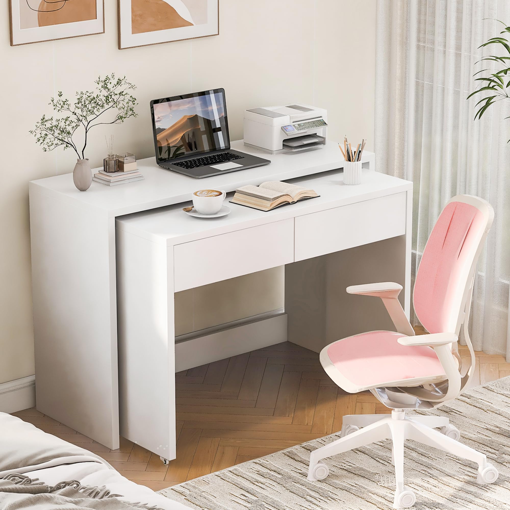 Escritorio plegable, escritorio con cajones, escritorio de esquina, aparador, escritorio de estantería, escritorio compacto 2 en 1, extensible, ruedas equipadas, 110 × 40 × 78 cm (blanco)
