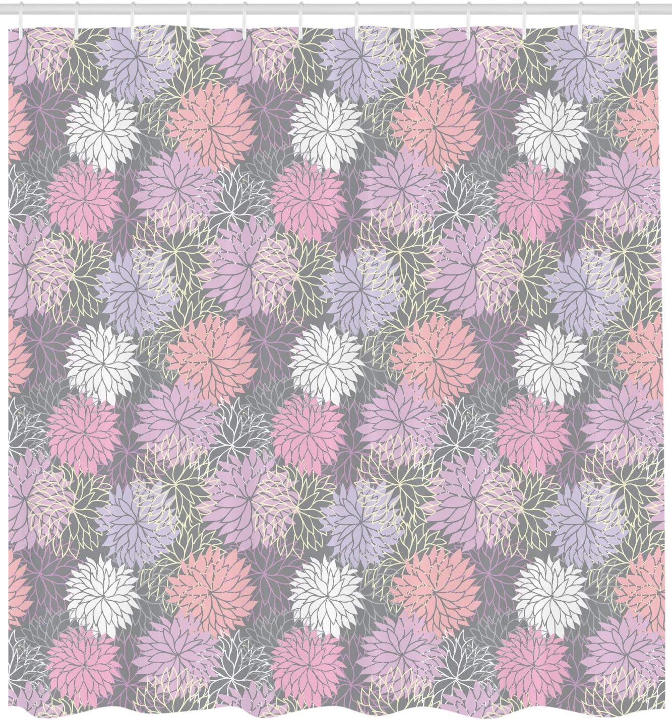 Ambesonne Pink and Grey Shower Curtain, Blossom Bouquet Botanical Foliage Shabby Form Essence Chrysanthemum, Cloth Fabric Bathroom Decor Set with Hooks, 69" W x 75" L, Blush Lilac Grey