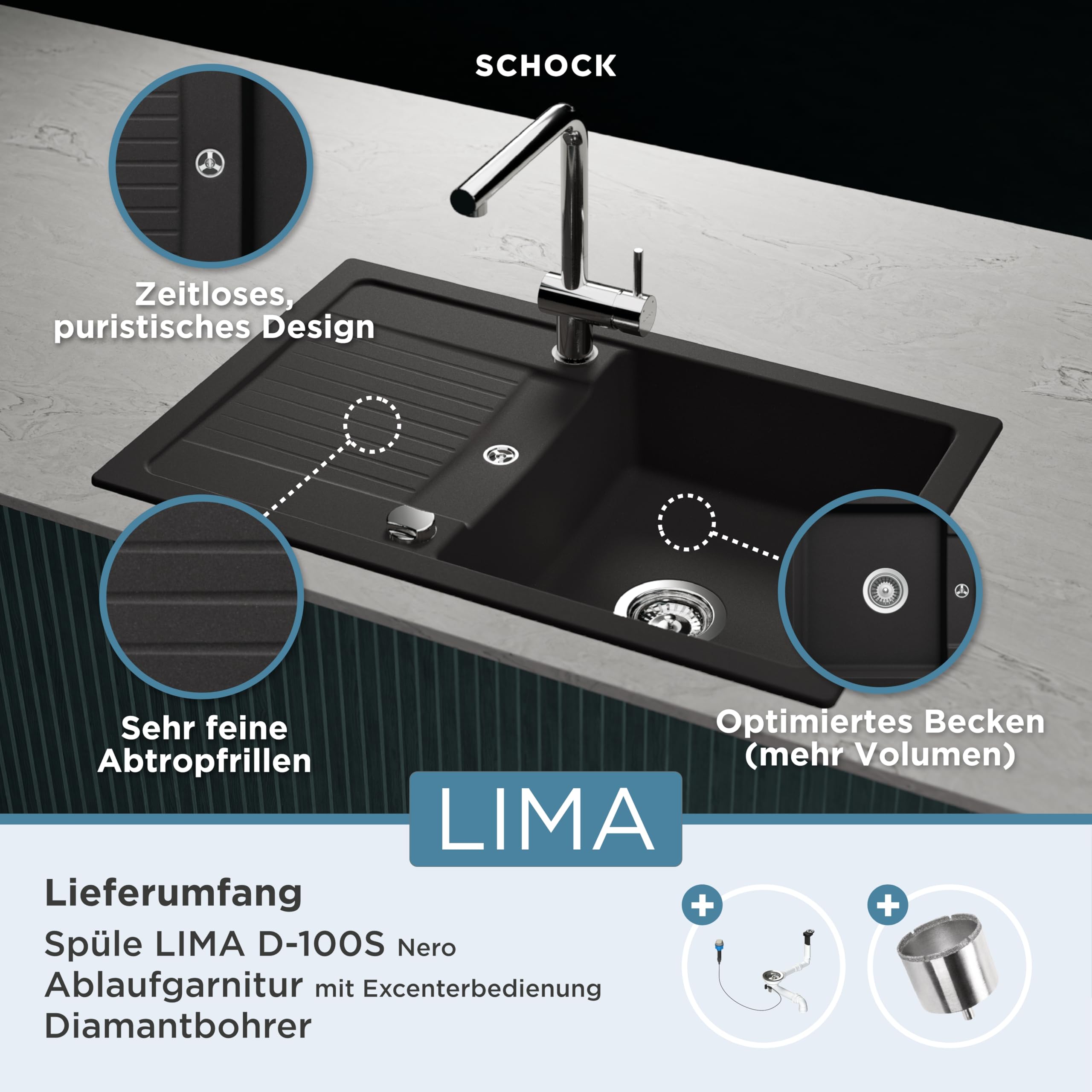 SCHOCK Küchenspüle Lima D-100S Nero 78x50 cm | Granitspüle aus CRISTALITE Schwarz mit Abtropffläche | Reversible Einbauspüle für 50 cm Unterschrank | Pflegeleichte, robuste Quarzkomposit-Oberfläche