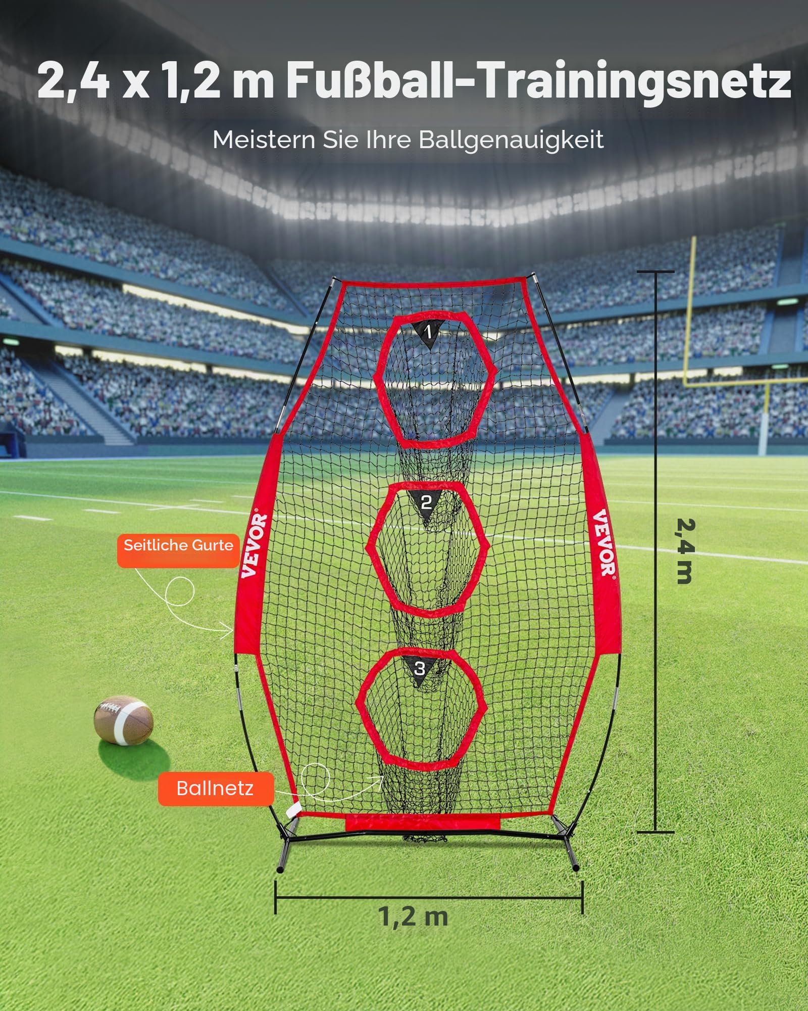 VEVOR Fußballtrainer Wurfnetz Übungsnetz (168 x 77 x 245 cm) mit 3 Zieltaschen & tragbarer Aufbewahrungstasche & Gurten, Wurfziel-Training für die Passgenauigkeit des Quarterbacks, rot