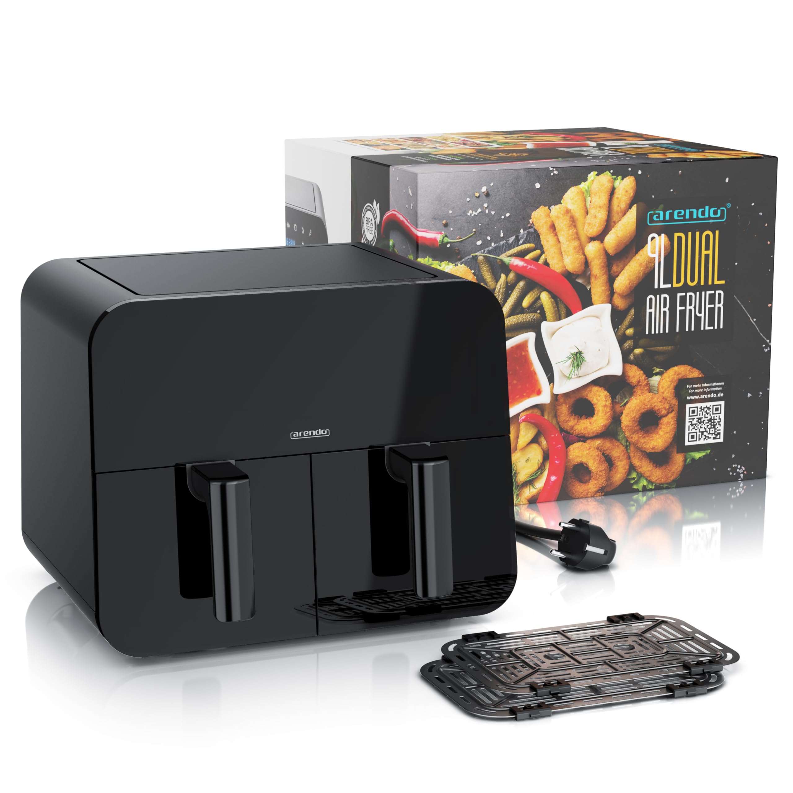 Arendo - Dual Zone Heißluftfritteuse 9L - mit 2 Kamern - XXL Kapazität 2 Fächer – Sichtfenster Beleuchtung - Airfryer - Touchscreen - 3D Umluftsystem - Antihaftbeschichtung - spülmaschinenfeste Körbe