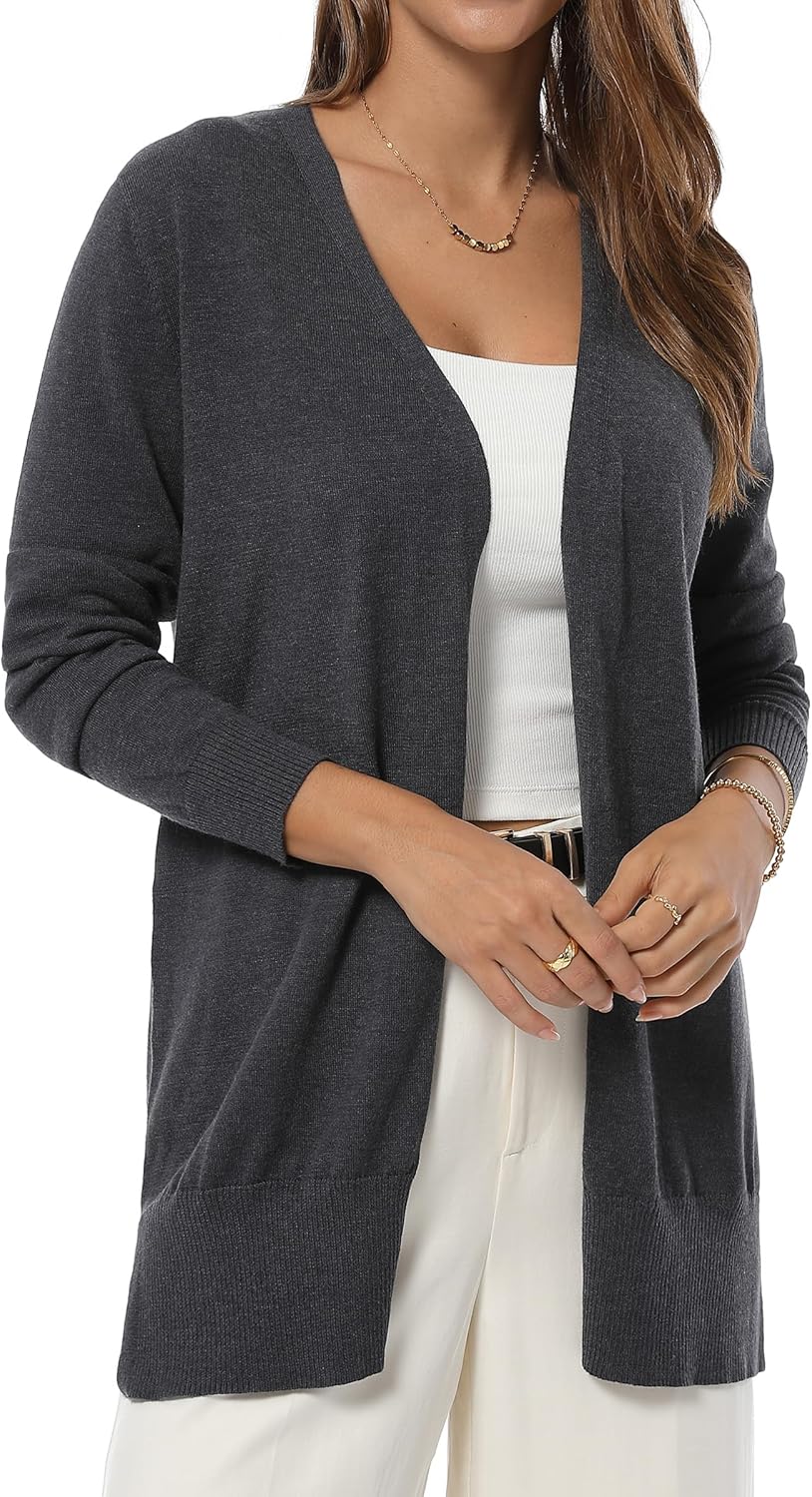 QUALFORT Women's Lightweight Open Front Cardigan Cotton Long Sleeve Casual Loose Fit Knit Cover Up Sweater - Image 2