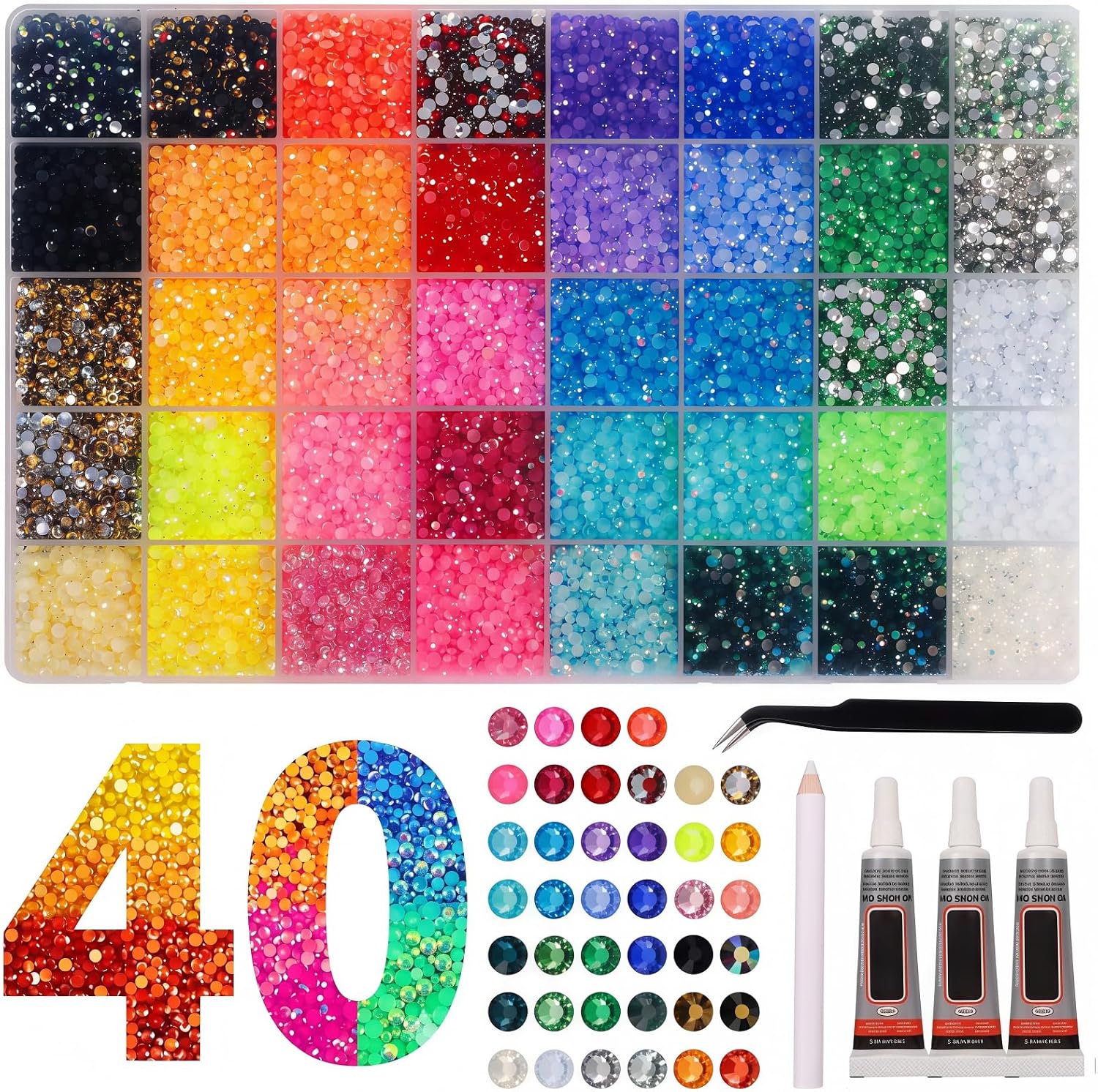 40 kleuren 32000 stuks nagelsteentjes voor bedazzling, 3mm edelstenen voor bedazzling kit met lijm en pen en pincet, Bedazzle Kit voor DIY Nagels Ambachten Kleding Schoenen Boek Diamant Art Afstuderen