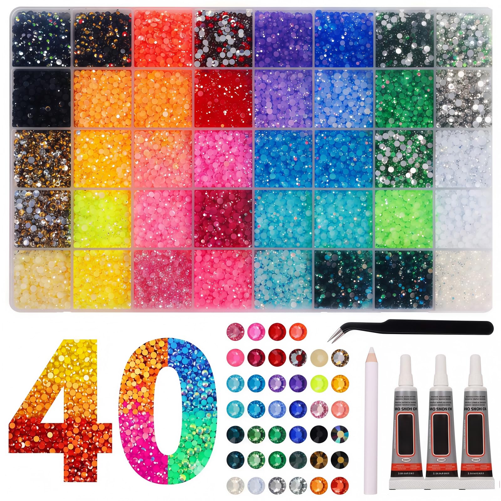 40 Farben 3mm Jelly Strasssteine, 32000 Pcs Rhinestones for Bedazzling | Glitzersteine mit Pinzette Punktierung Stift, für Basteln, Nägel, Textilien, Gesicht Art, Diamond Painting, DIY