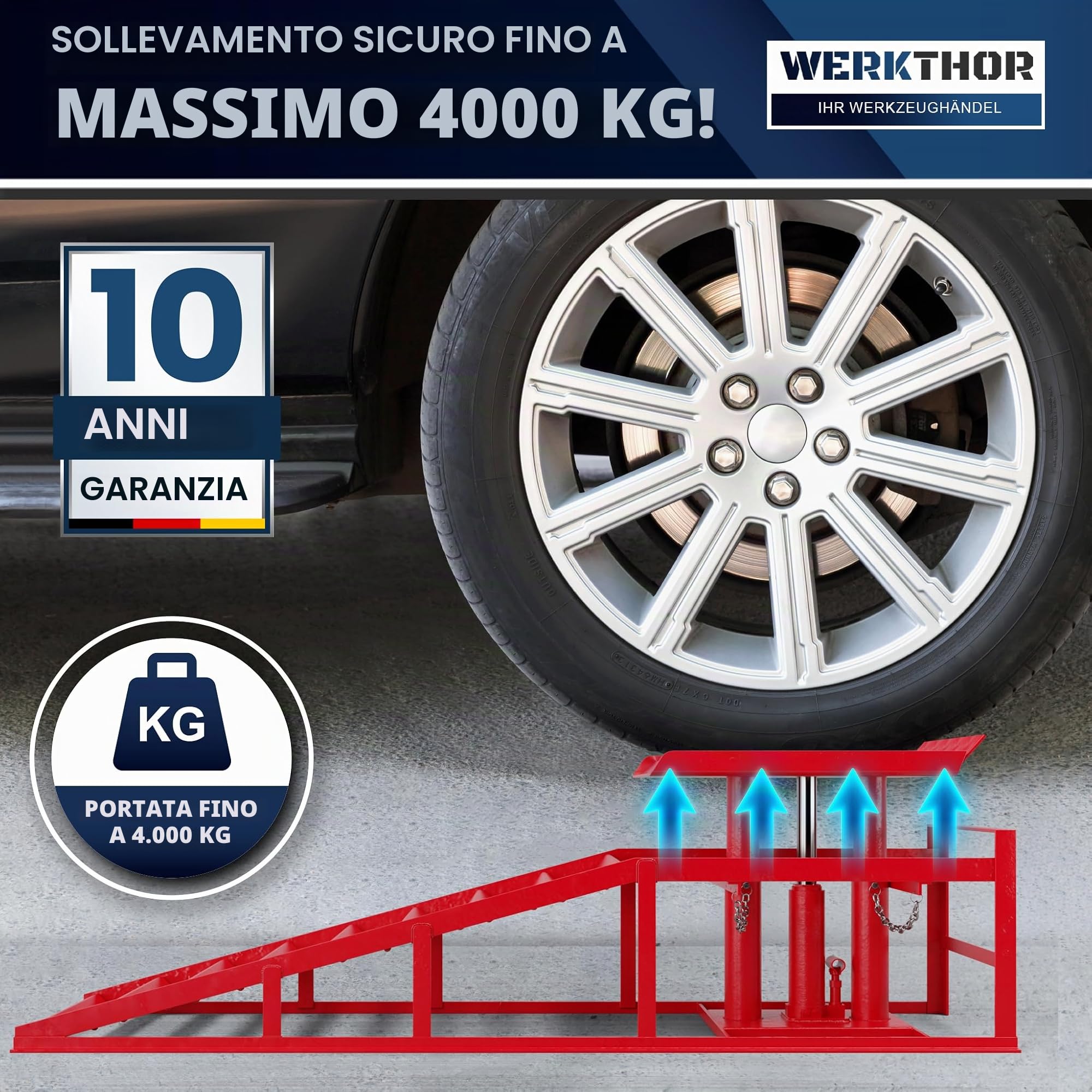 WERKTHOR Rampa idraulica per auto (Set da 2 Rosso) – rampa di carico con valvola di sicurezza/sovrapressione [<4T] – rampa regolabile in altezza auto – ponte sollevatore auto