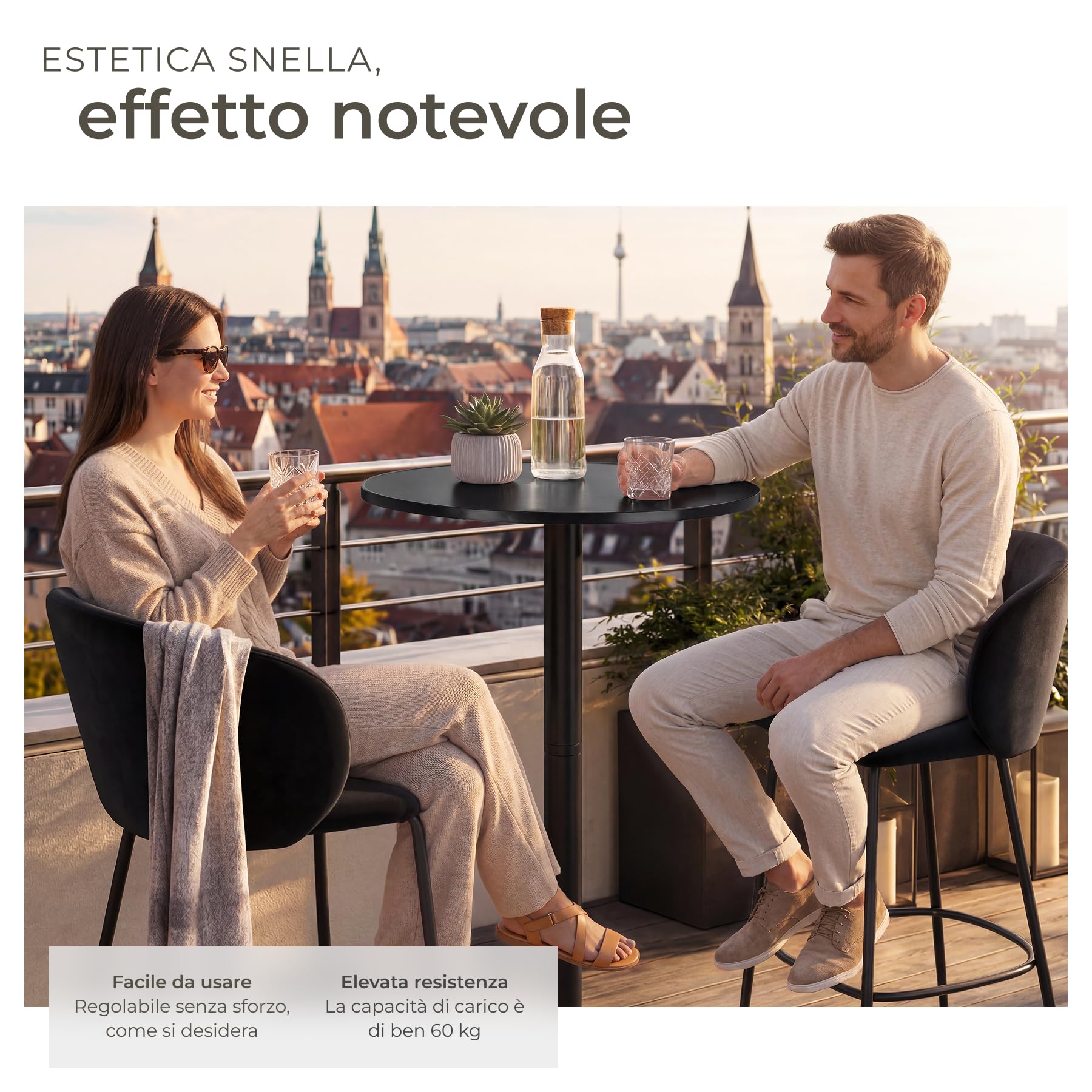 tectake® Set x2 Tavolino da Bistrot 2in1 Ø60 cm, 2x Tavolo Alto o Tavolo Pranzo, 2 Altezze, Pieghevole, Struttura in Alluminio, Piano MDF, Capacità 60 kg, Base in Cemento - Nero