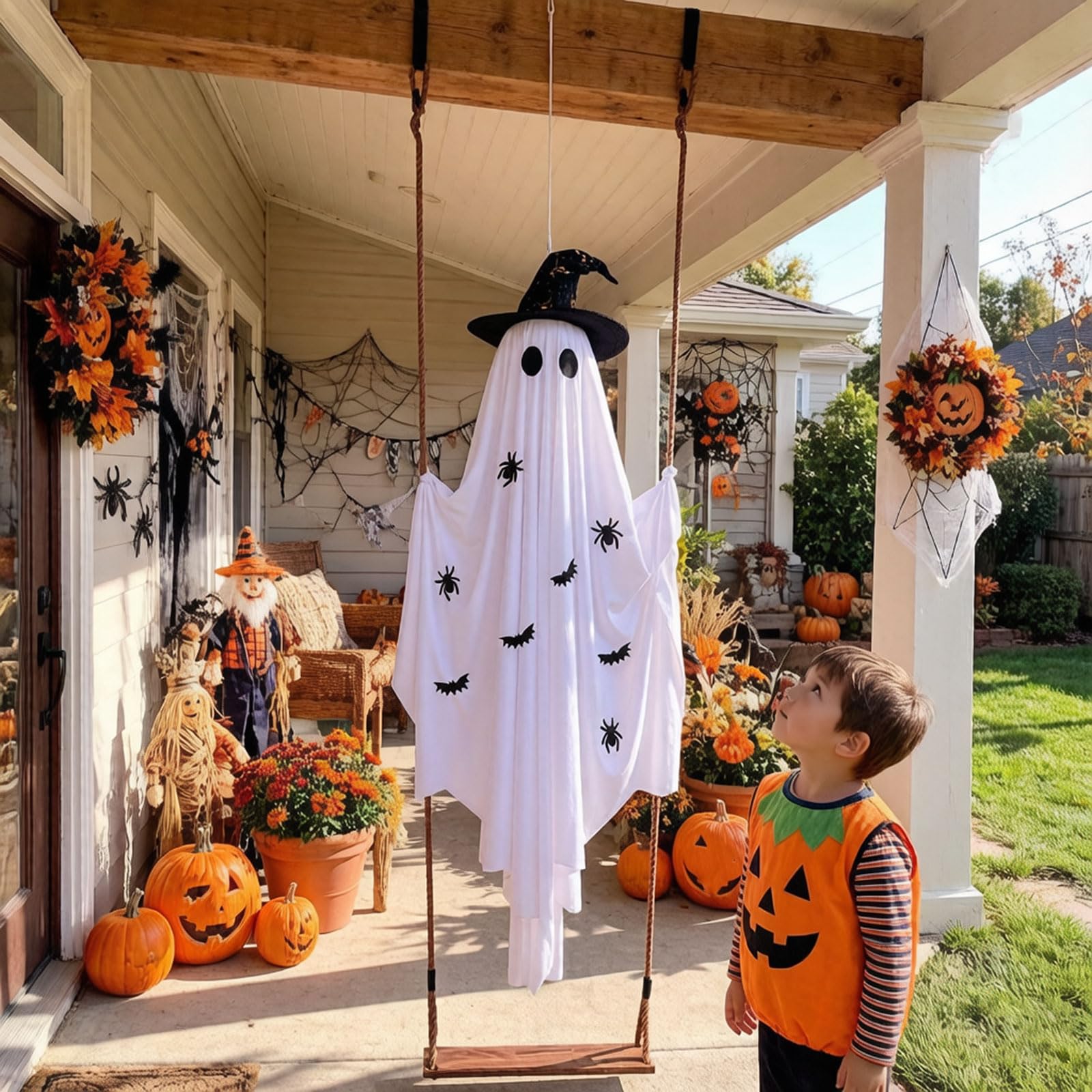 150cm Swinging Ghost, Halloween Deko Hängend Geist Auf Schaukel, Schaukelnder Geist, Gespenst auf Schaukel für Garten, Hof, Terrasse, Veranda & Partys Deko (C-150cm)