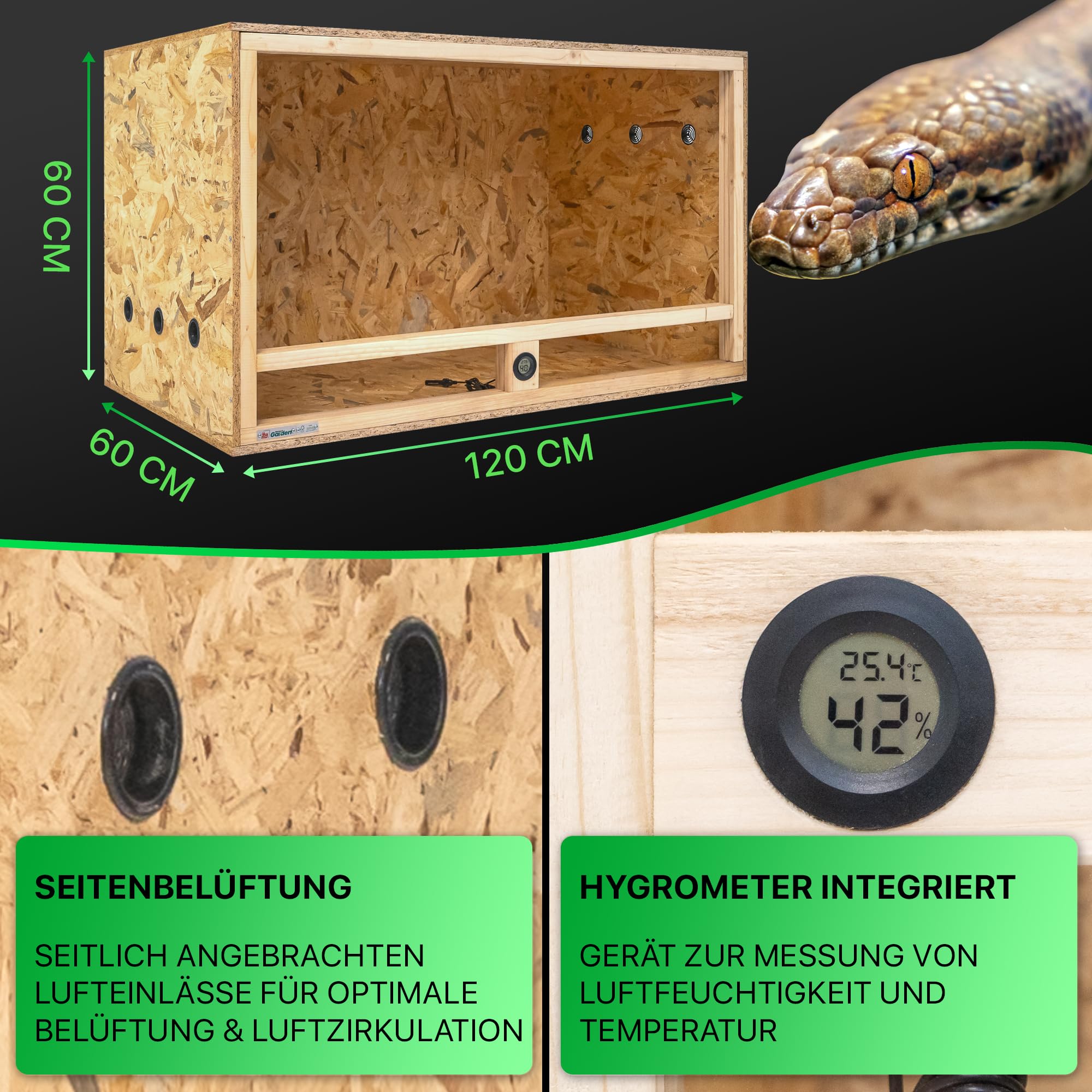 ITA Holz Terrarium 120x60x60 cm mit Seitenbelüftung & Integriertem Hygrometer - Holzterrarium aus OSB-3 Platten - Terrarien für Reptilien, Schlangen, Amphibien - EU Produkt, FSC Zertifiziert