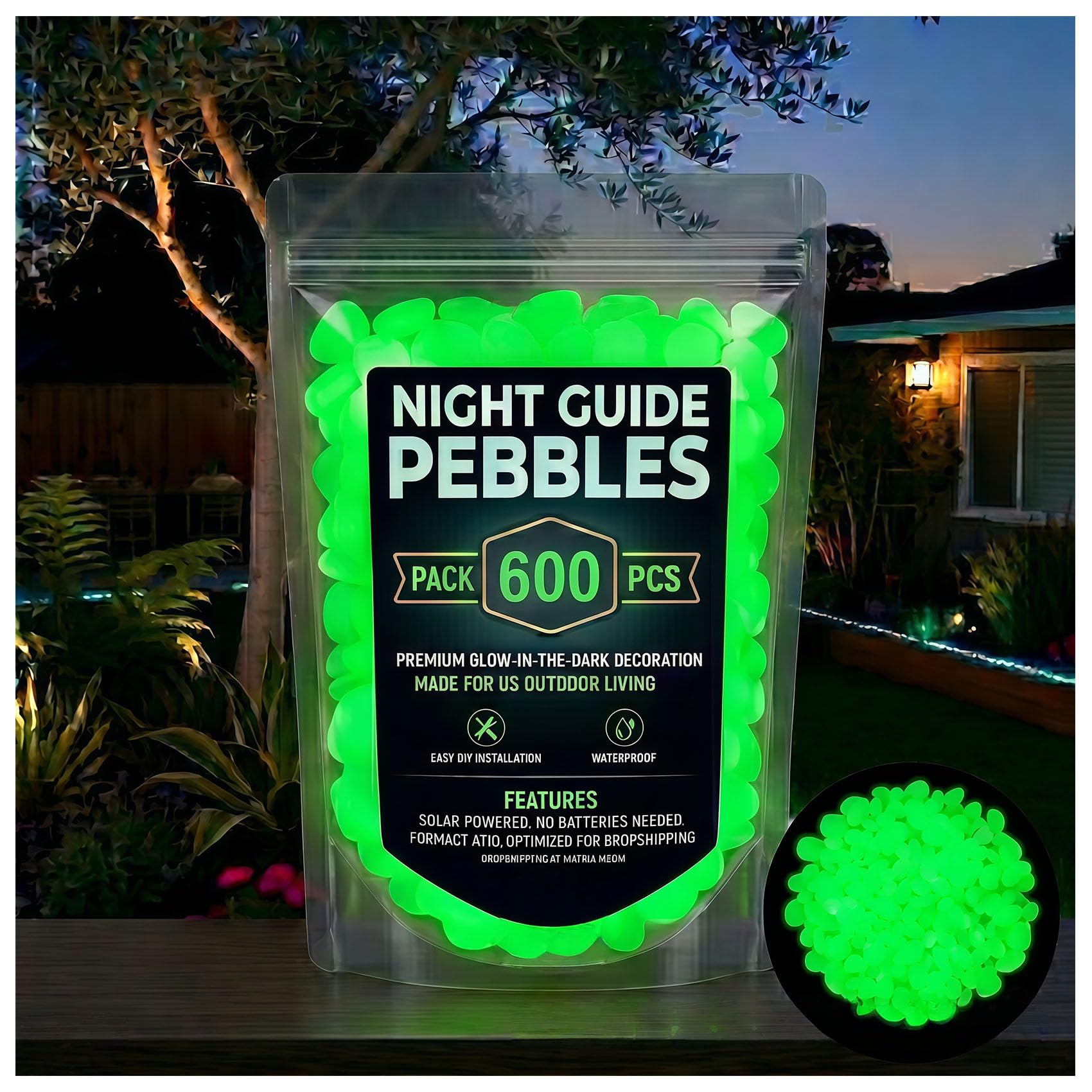 Night Guide Pebbles, Colorful Glow-In-The-Dark Garden Stones for Outdoor Walkway, Yard Landscaping, Planters, Fish Tank Aquarium Decor (Green,600)