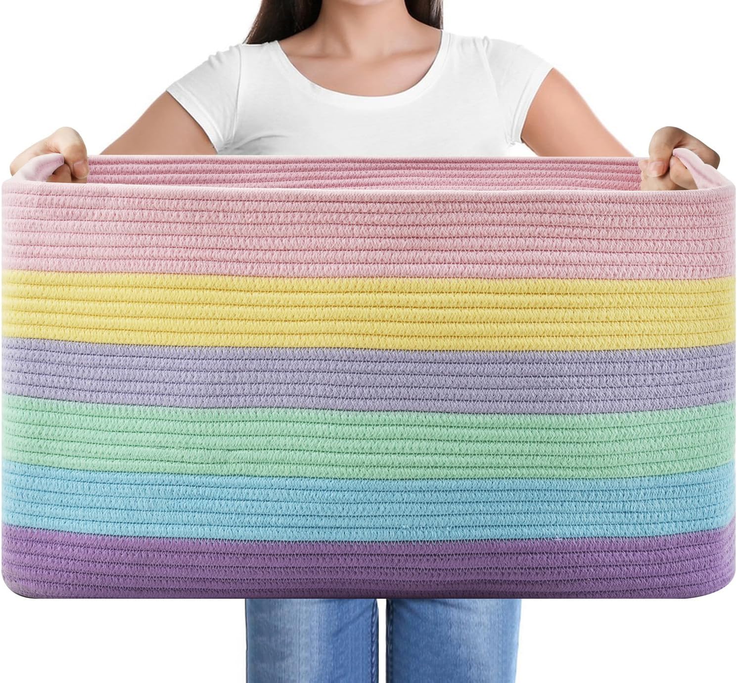 Issudata Large Blanket Basket, Rectangle Woven Baskets for Storage, Blanket Storage for Living Room, Cotton Rope Big Storage Basket for Blankets (Light Rainbow)