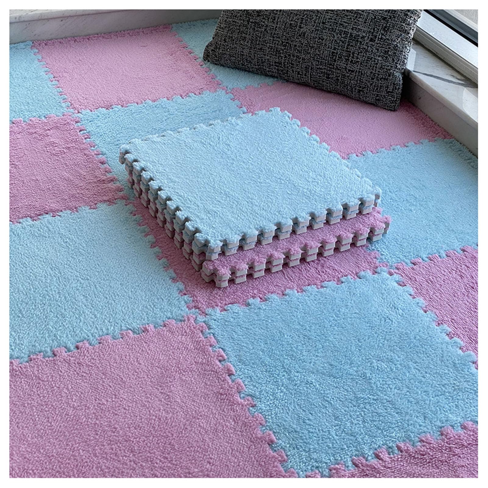 Płytki dywanowe Fluffy, opakowanie 8 sztuk, 30 x cm, piankowe płytki z łączeniami, wielokolorowe, podwójna grubość 0,6 cm/1(Blue+pink,0.6cm)