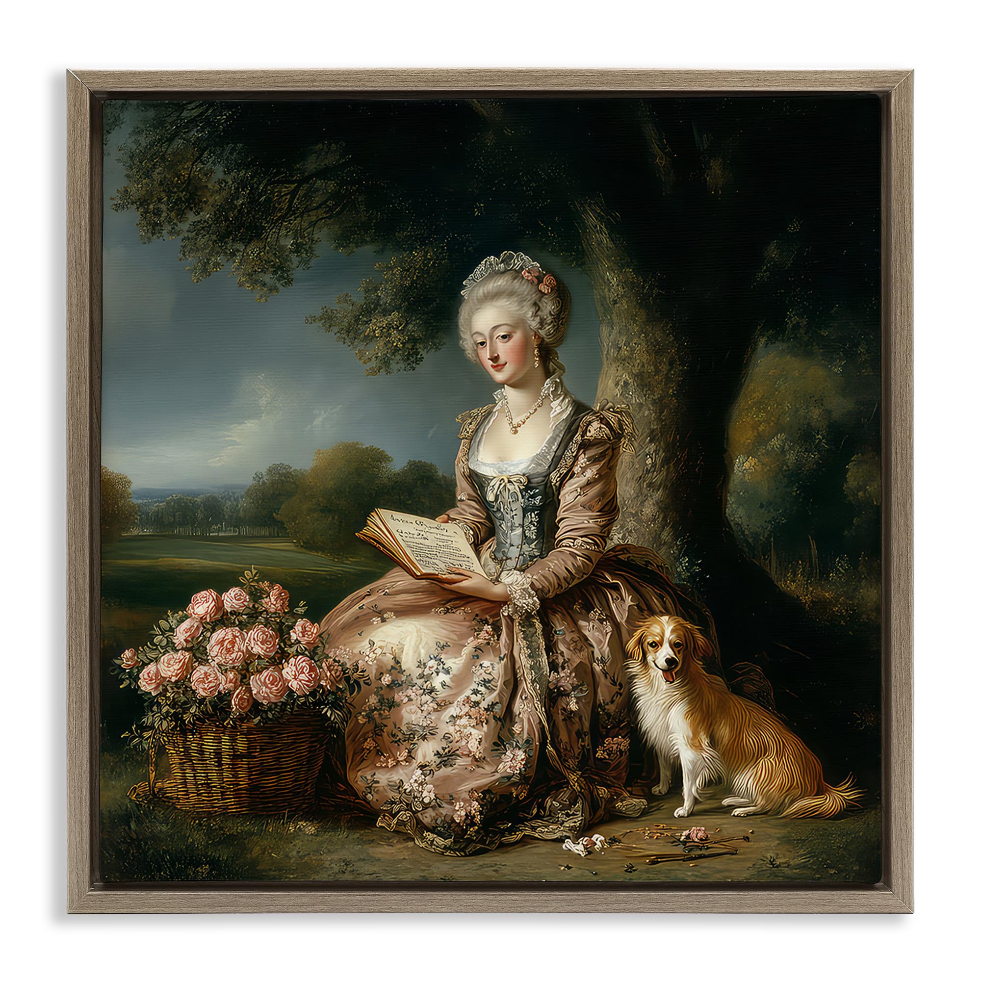 Stupell Industries Montalcino Elm (Textured) 'Rococo Woman With Dog'| Floating Frame Canvas Art