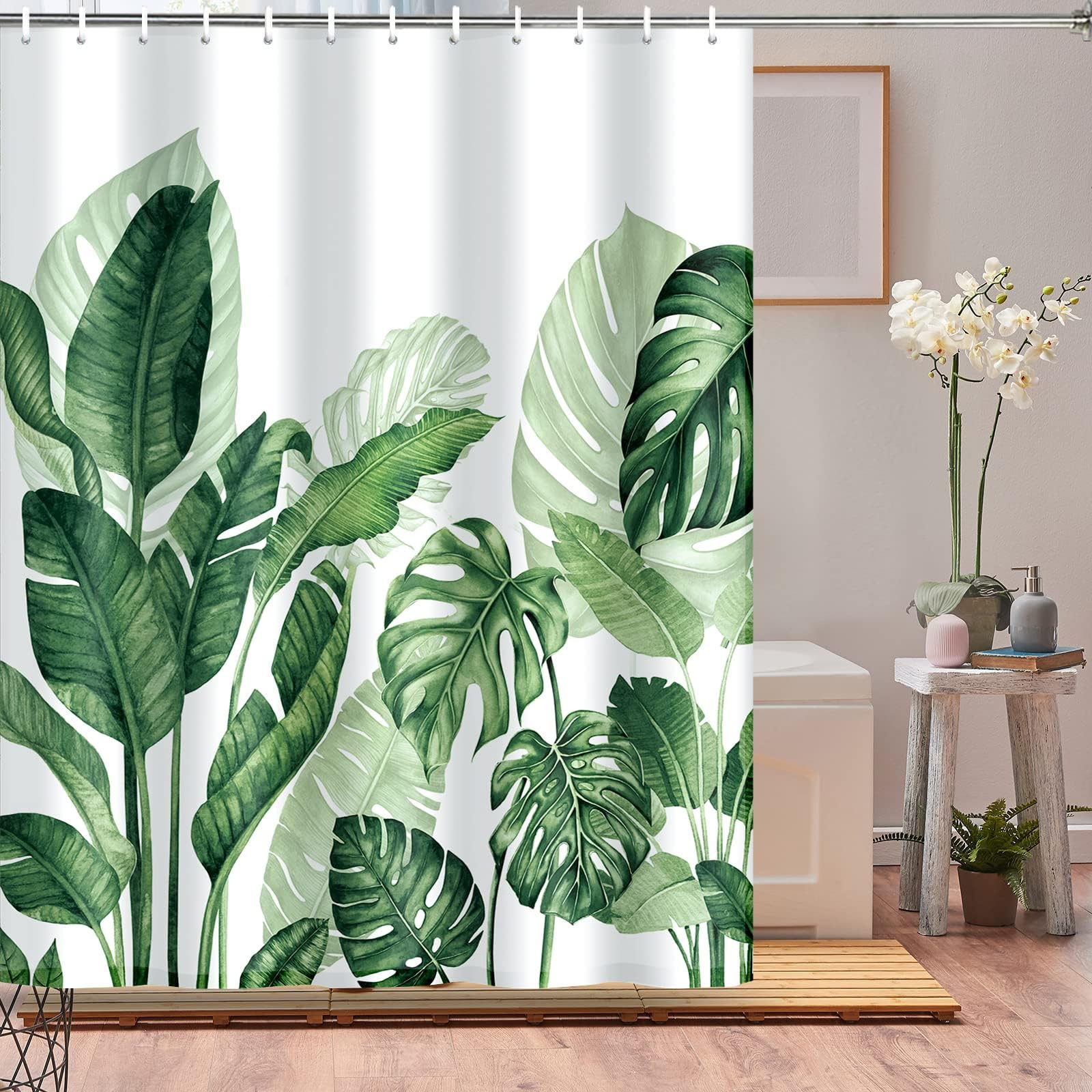Maccyafst Tropical Leaves Shower Curtain Green Banana Leaf Shower Curtain Fabric Floral Botanical Plant Bath Curtain Waterproof Jungle Bathroom Decor with Hooks