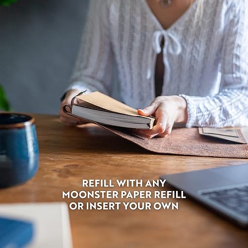Miniatura 5 de Moonster Diario de cuero para mujer recargable  Diario espiritual para meditación, yoga, cuaderno bohemio, diario encuadernado en cuero de cristal