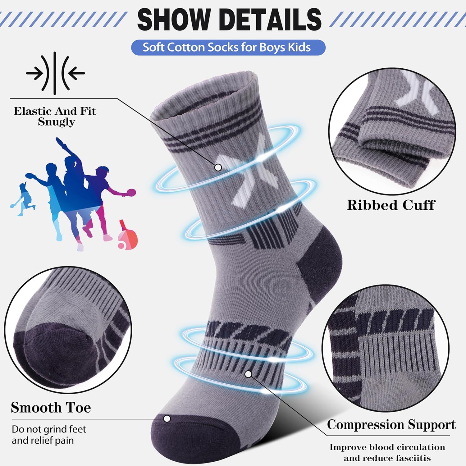 Sandsuced 6 Pairs Kids Boys Socks Athletic Basketball Sport Youth Crew Cotton Soft Breathable Socks for Outdoor - Image 2