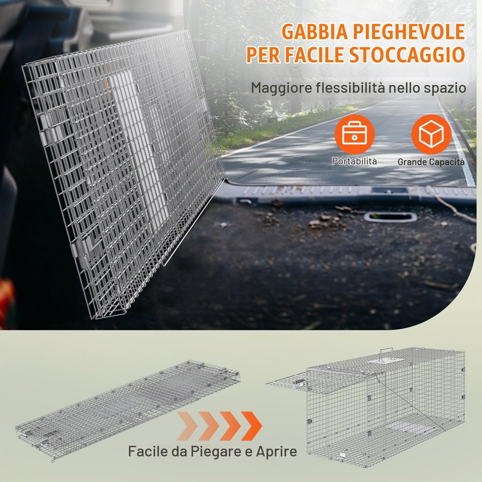 VEVOR Trappola in Ferro Galvanizzato 1067 x 406 x 457 mm Trappola da Giardino con Manico Pieghevole per Cattura