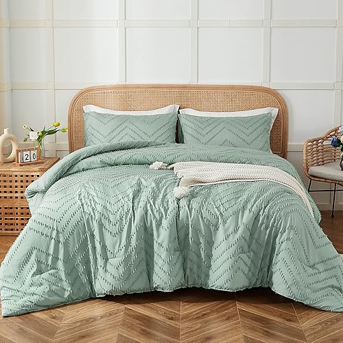 Move Over Juego de edredón de 3 piezas de color verde salvia, tamaño King, bohemio, elegante, con diseño de ondas, suave y esponjoso, textura de