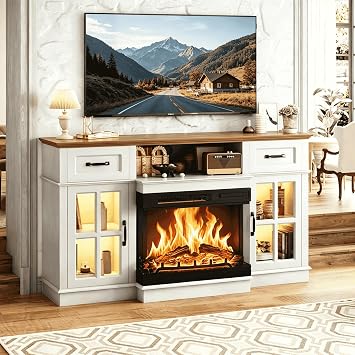 VINGLI Fireplace TV Stand up to 65 TVs, 3-Sided Glass Entertainment Center with Electric Fireplace Heater & Glass Doors and Drawers, Fireplace Media Console Table with LED Light, Living Room, White