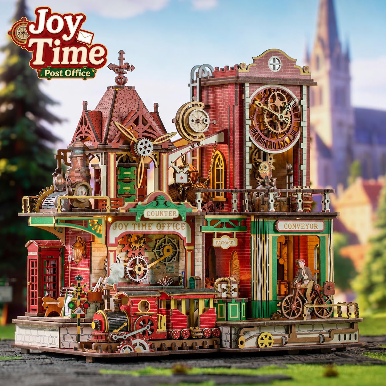 Spilay 3D Puzzle, Joy Time Post Office Holzmodell mit LED | Mechanischer Holz Modellbausatz für Erwachsene, mit Musiklautsprecher, Miniatur Bausatz, Schreibtischdeko Geschenk