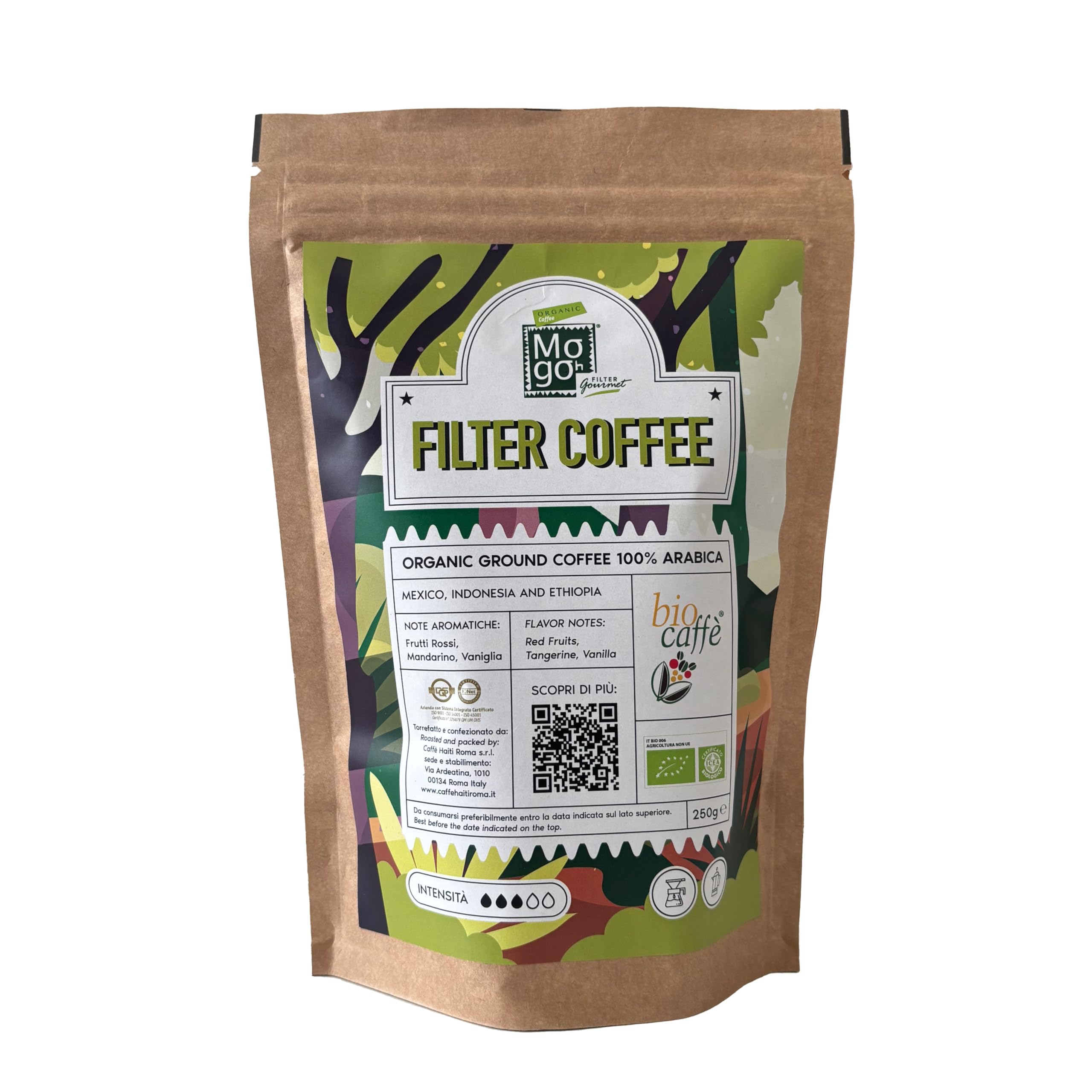 Caffè Haiti Roma Biocaffè Mogoh Filter Gourmet: café de filtro 100% arábica ecológico, molido, 4 x 250 g, para café de goteo, café americano y cafetera de émbolo