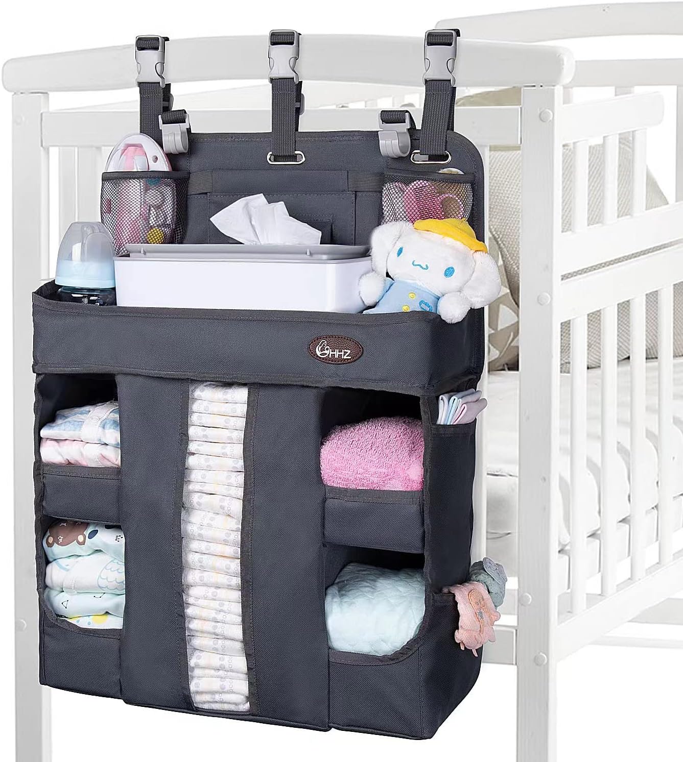 HHZ XL Hanging Diaper Caddy Organizer –Sturdy and Durable Baby Organizer – Diaper Stacker for Changing Table, Crib, Playard or Wall & Nursery Organization Dark Gray