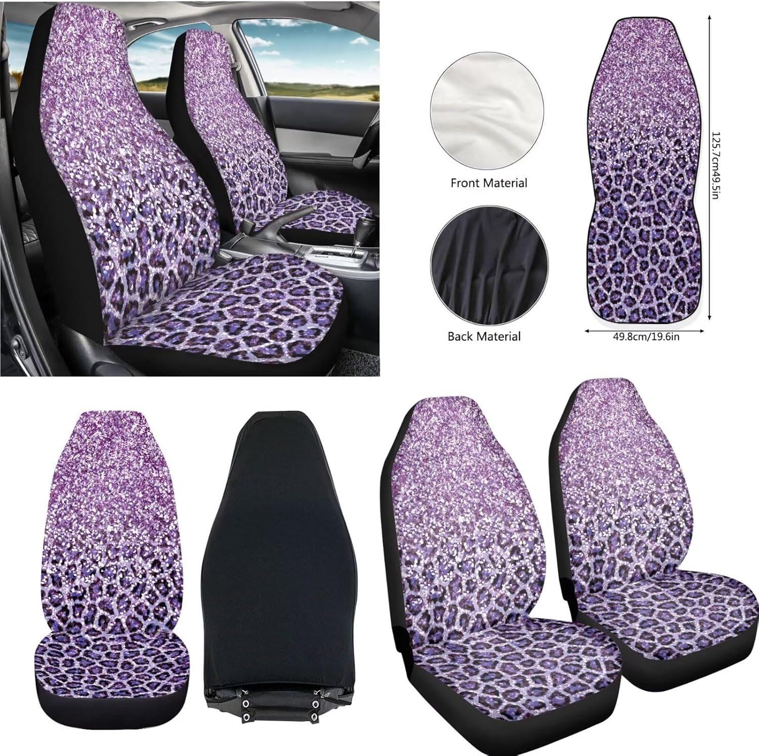 Purple Leopard Car Seat Covers Set of 2 Auto Accessories Protectors and 1 Car Trash Can Auto Decor Universal Fit for Vehicle Truck SUV