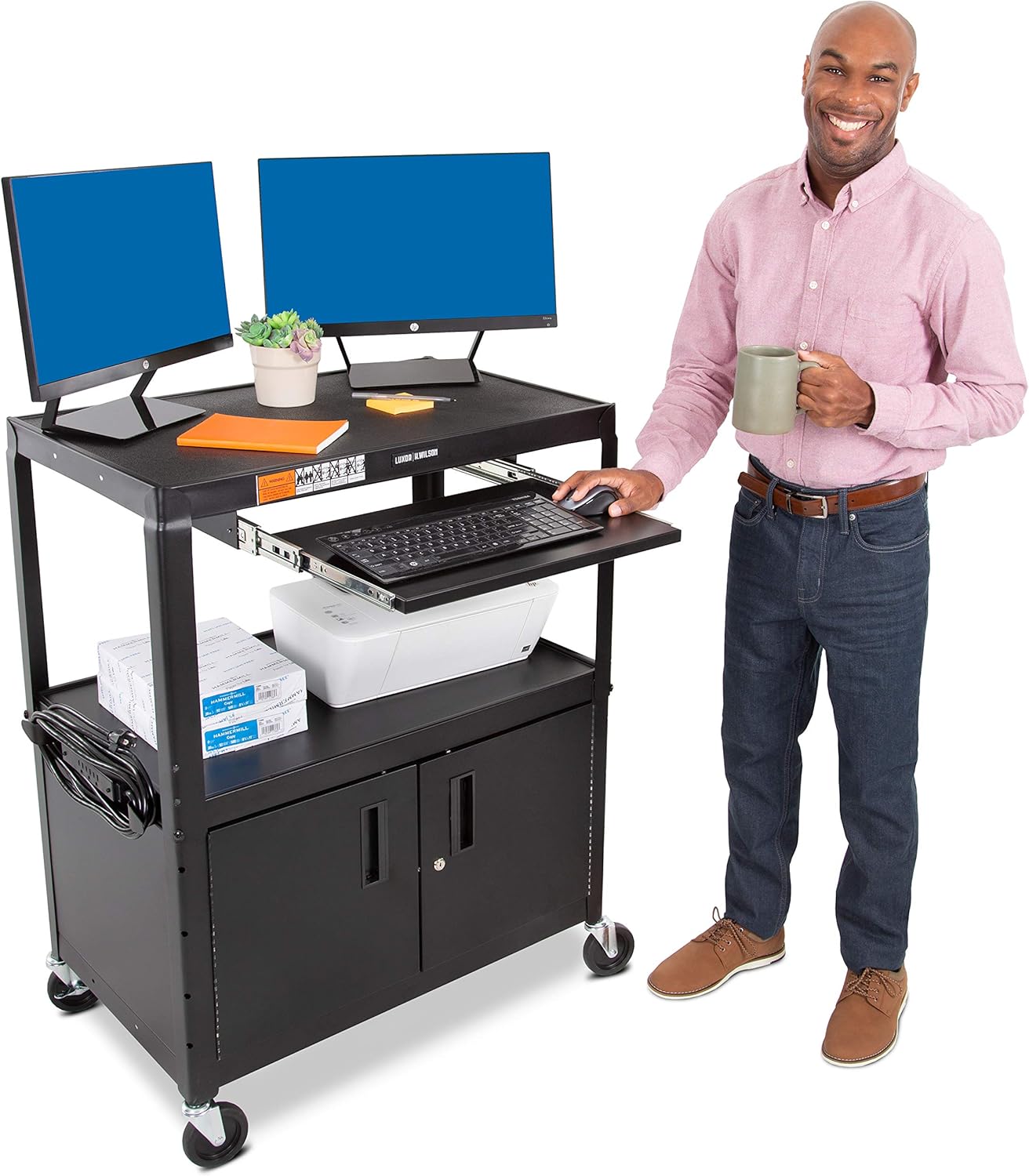 Line Leader Extra Wide AV Cart with Locking Cabinet | Height Adjustable Utility Cart | Includes Pullout Keyboard Tray and Cord Management | Easy to Assemble! (42 x 32 x 20 / Black) : Office Products