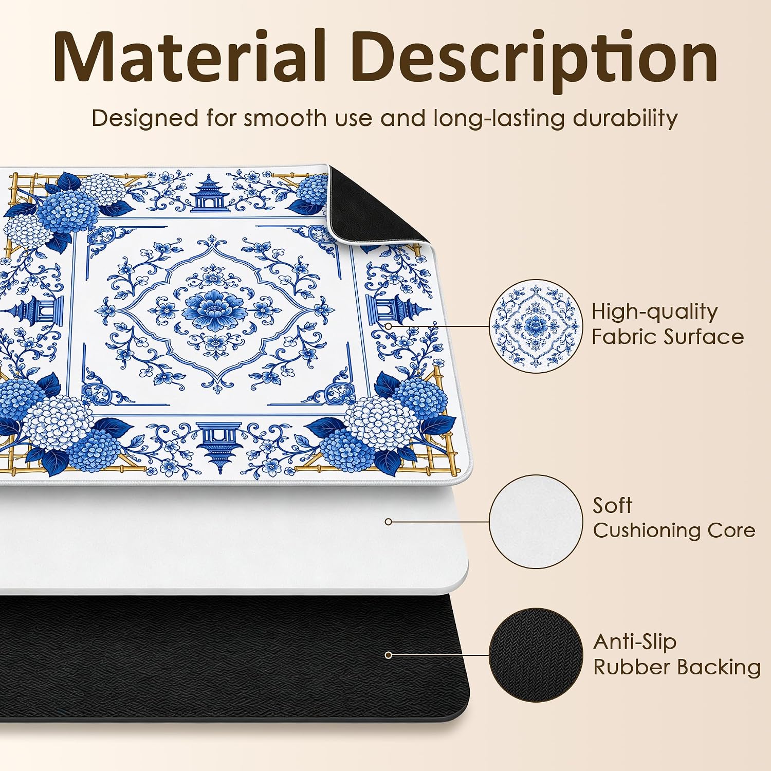 Blue Chinoiserie Hydrangea Mahjong Mat for Table31.5 x31.5 107MJD | Grandmillennial Oriental Floral Anti-Slip Noise-Reducing Mahjong Table Cover for Mah Jong Poker Board Card Games Dominoes
