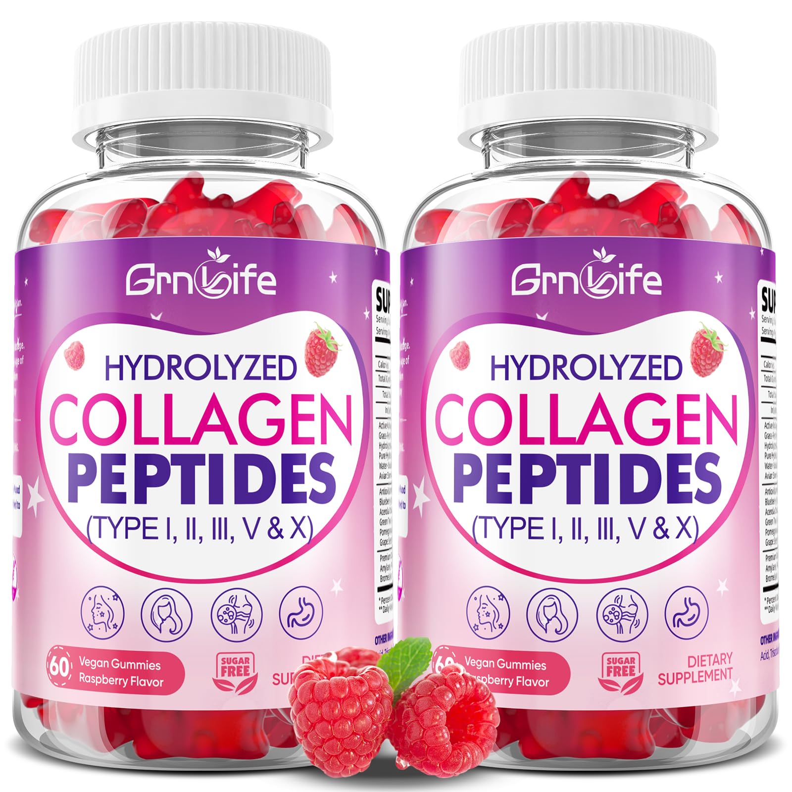 2 Pack Collagen Gummies for Women & Men, Hydrolyzed Collagen Peptides with Antioxidant Blend & Digestive Enzymes, Multi Collagen (Type I,II,III,V,X) for Skin Hair Nails, Raspberry Flavor, 120 Count 120 Count (Pack of 1)
