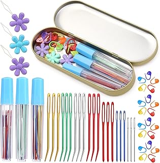 48PCS Assorted Yarn Needle Bent Tapestry Needles, Darning Needle Weaving Needles, 3 Sizes Big Eye Blunt Knitting Needles with 20 Stitch Markers, Storage Box, Needle Threader for Knitting Crochet