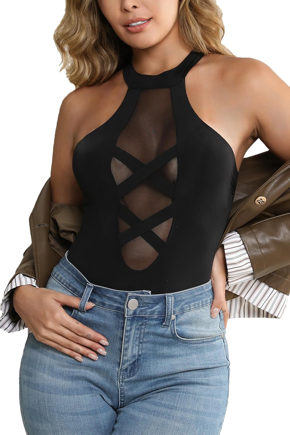 Ladies & Men's story Women's Criss Cross Halter Neck Double Lined Bodysuit Contrast Mesh Going Out Tops