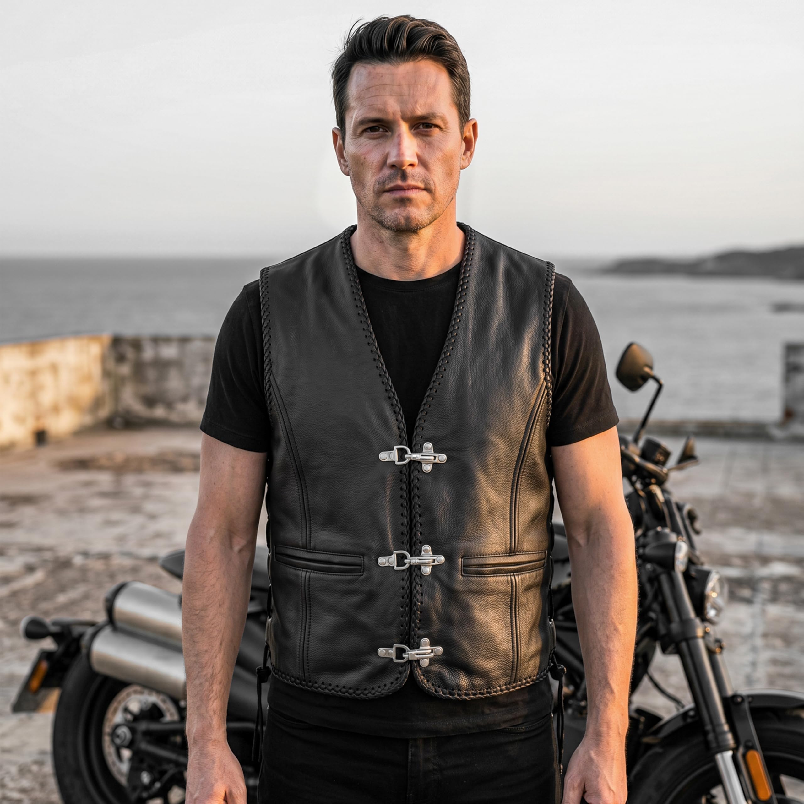 Leatherick Gilet de moto noir en cuir véritable | Gilet de motard tressé avec boucle d'hameçon