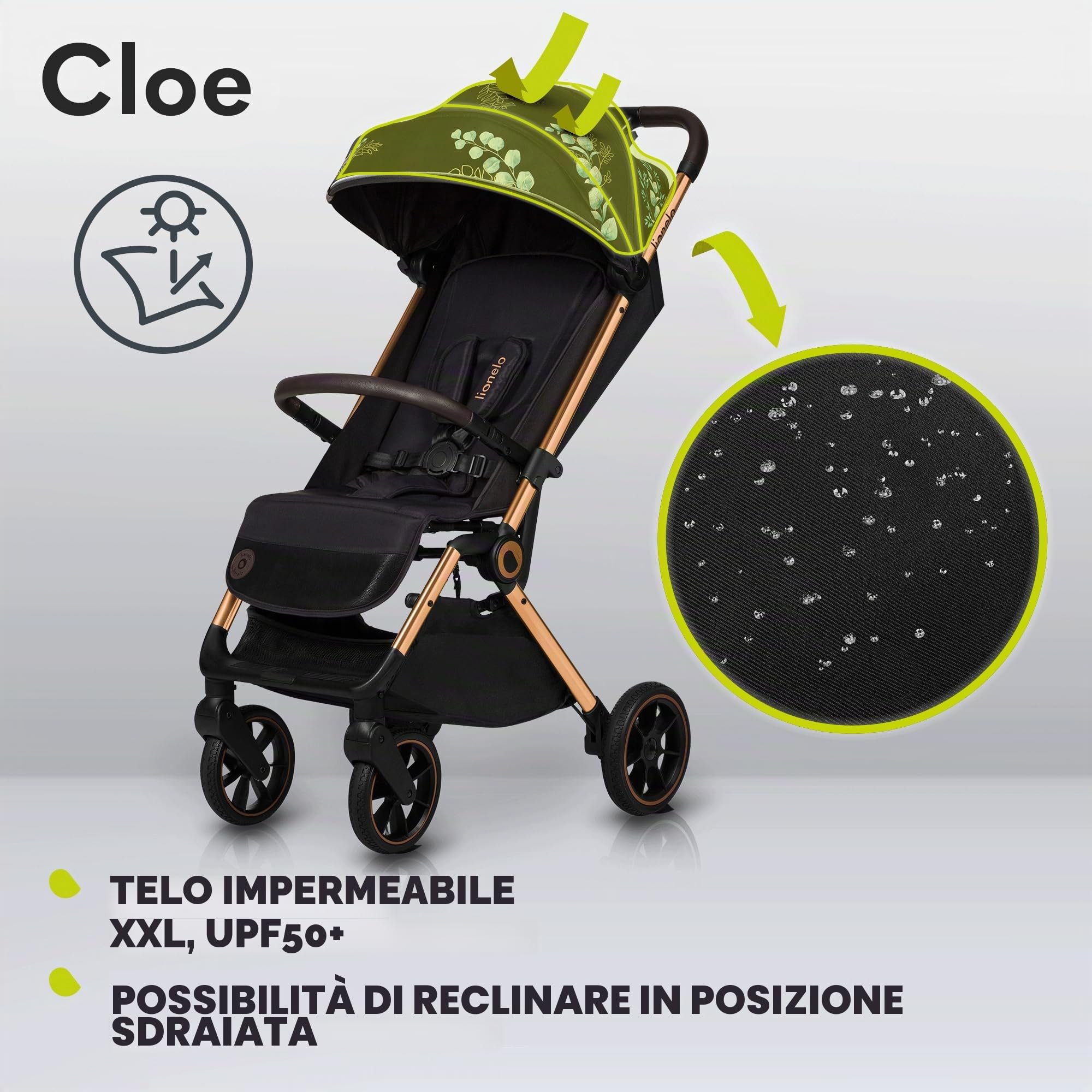 LIONELO Cloe Passeggino leggero e pieghevole per bambini da 0 fino a 22kg Schienale regolabile Posizione nanna Impermeabile, Cinture a 5 punti, Ruote XXL, Zanzariera, Portabicchieri (Momenti d'oro)