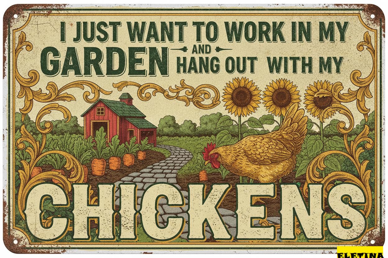 Work In Garden Hang With Chickens Tin Sign, 8x12 Inch