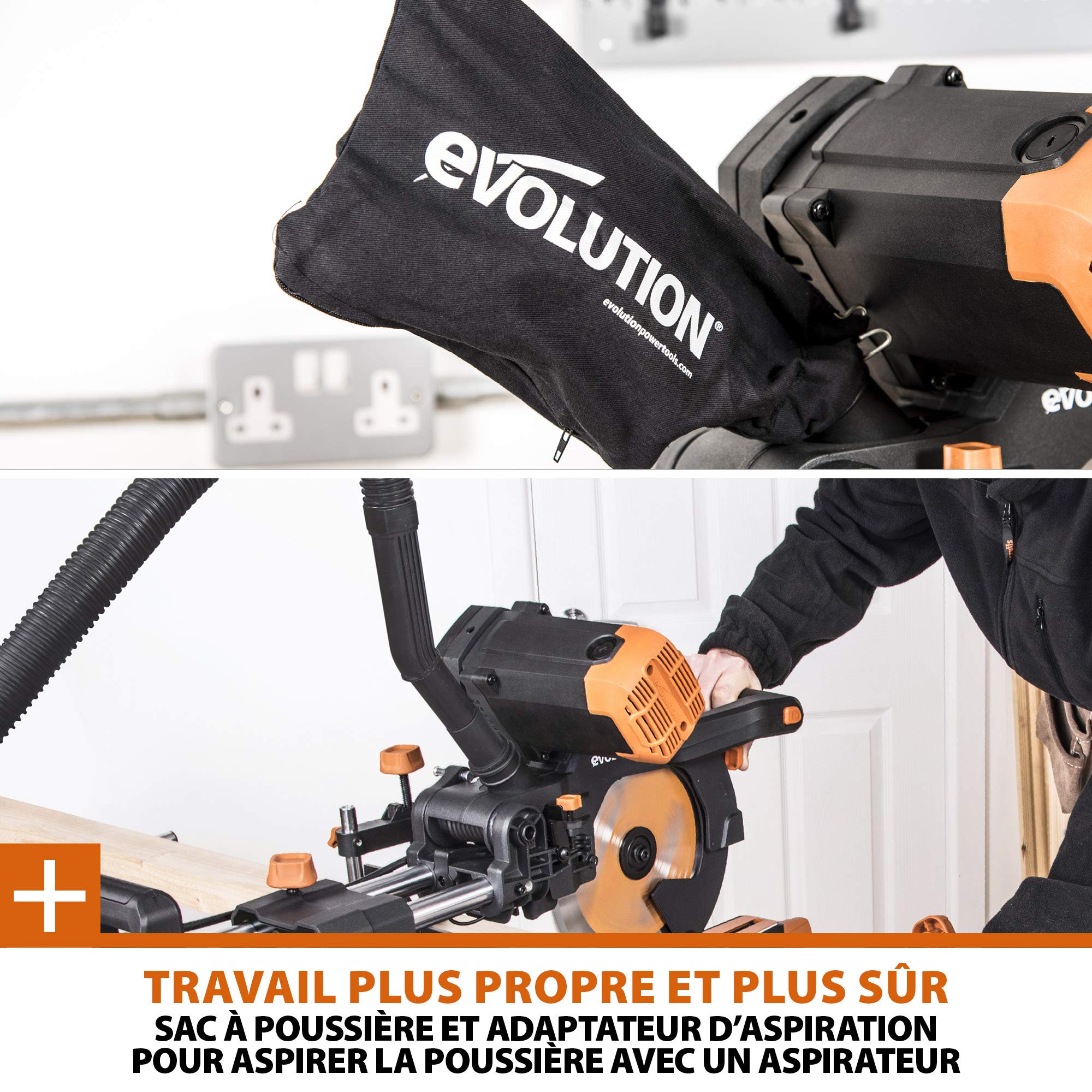 Evolution Power Tools Scie à Onglet Coulissante 255mm R255SMS-DB+ Double Biseau 45-45° Onglet 50-50° Coupe Multi-Matériaux