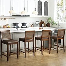 chairus 26" Rattan Bar Stools Set of 4, Farmhouse Faux Leather Upholstered Counter Height Stools with Cane Woven Back, Mid-Century Modern Wooden Bar Chairs for Kitchen Island/Home Bar, Walnut Brown