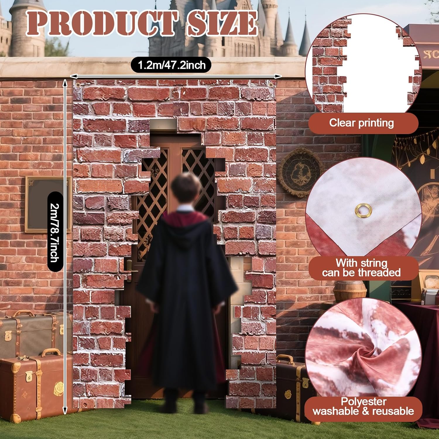 Preboun 78.7" x 47.2" Wizards Door Banner Signs Magical Wizard Door Banner Sign Red Brick Wall Backdrop Decorations Hanging Porch Backdrop for Birthday Holiday Party Home Supplies(Vintage)