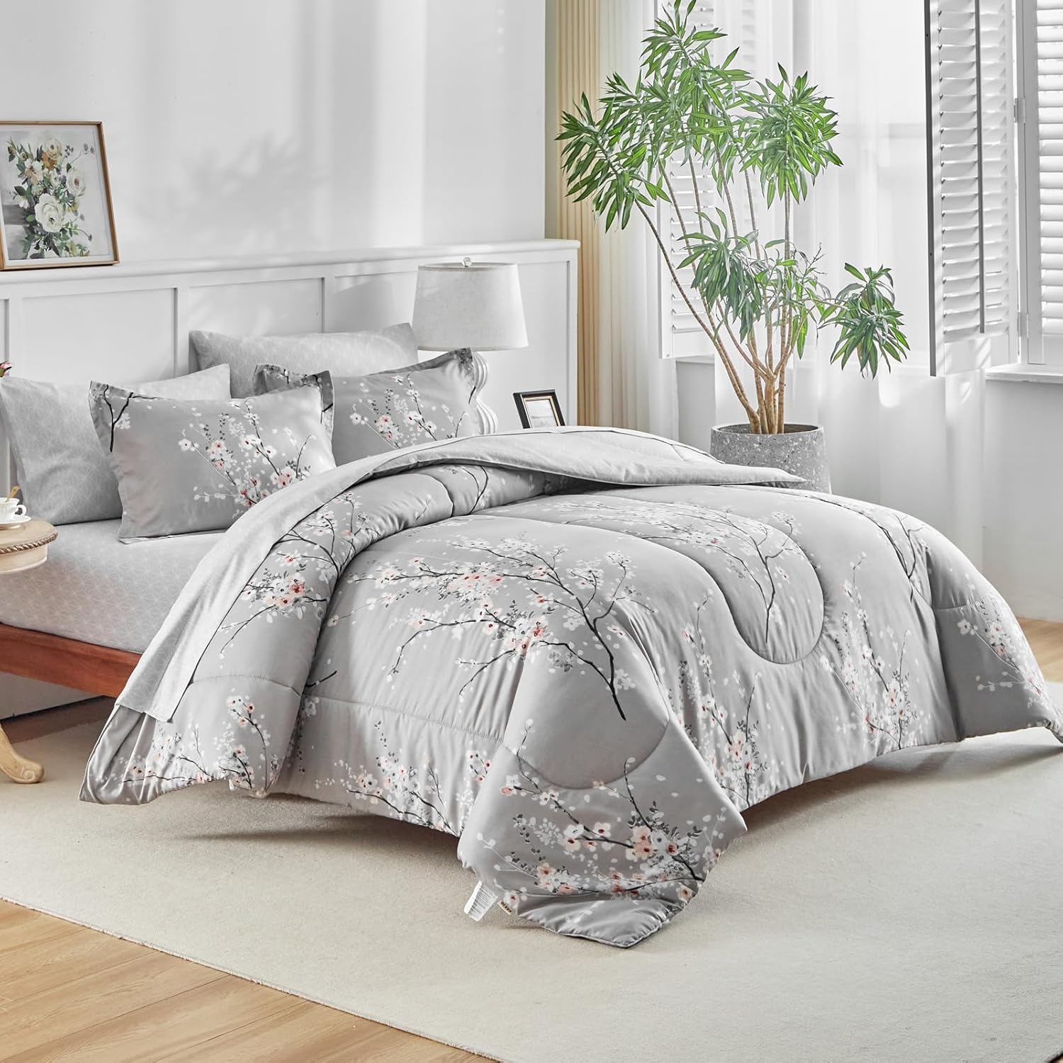 AIKASY Bed in a Bag 7 Pieces Queen Size - Floral Print - Soft Microfiber, Reversible Bed Comforter Set (1 Comforter, 2 Pillow Shams, 1 Flat Sheet, 1 Fitted Sheet, 2 Pillowcases)（Grey, Queen） - Image 3