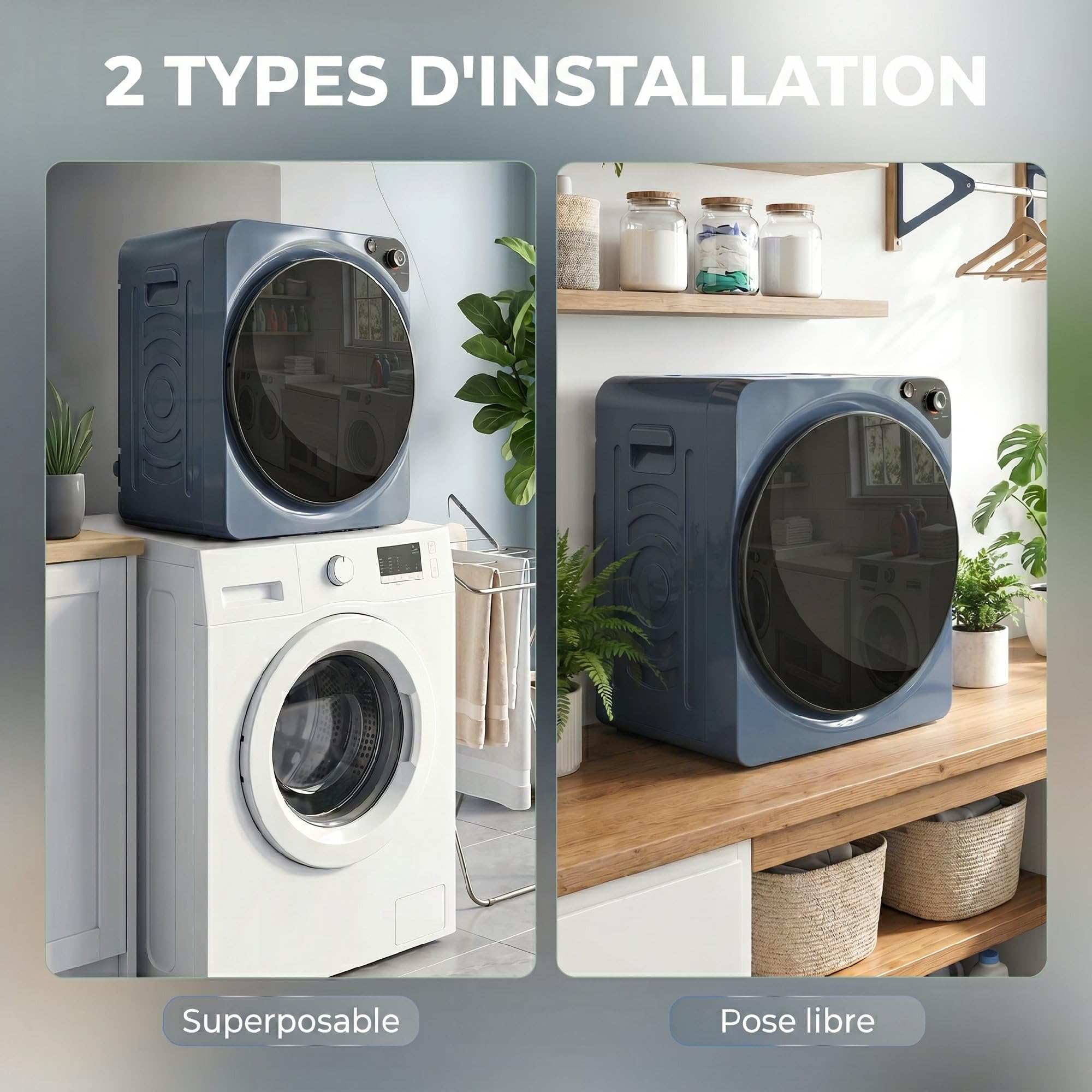 HOMCOM Wäschetrockner, kompakt, 1000 W, 5 kg, 5 Trocknungsmodi, Blau | Elektrischer Wäschetrockner, Behälter aus Edelstahl, Frontlader, freistehend und stapelbar, für Haus und Wohnmobile