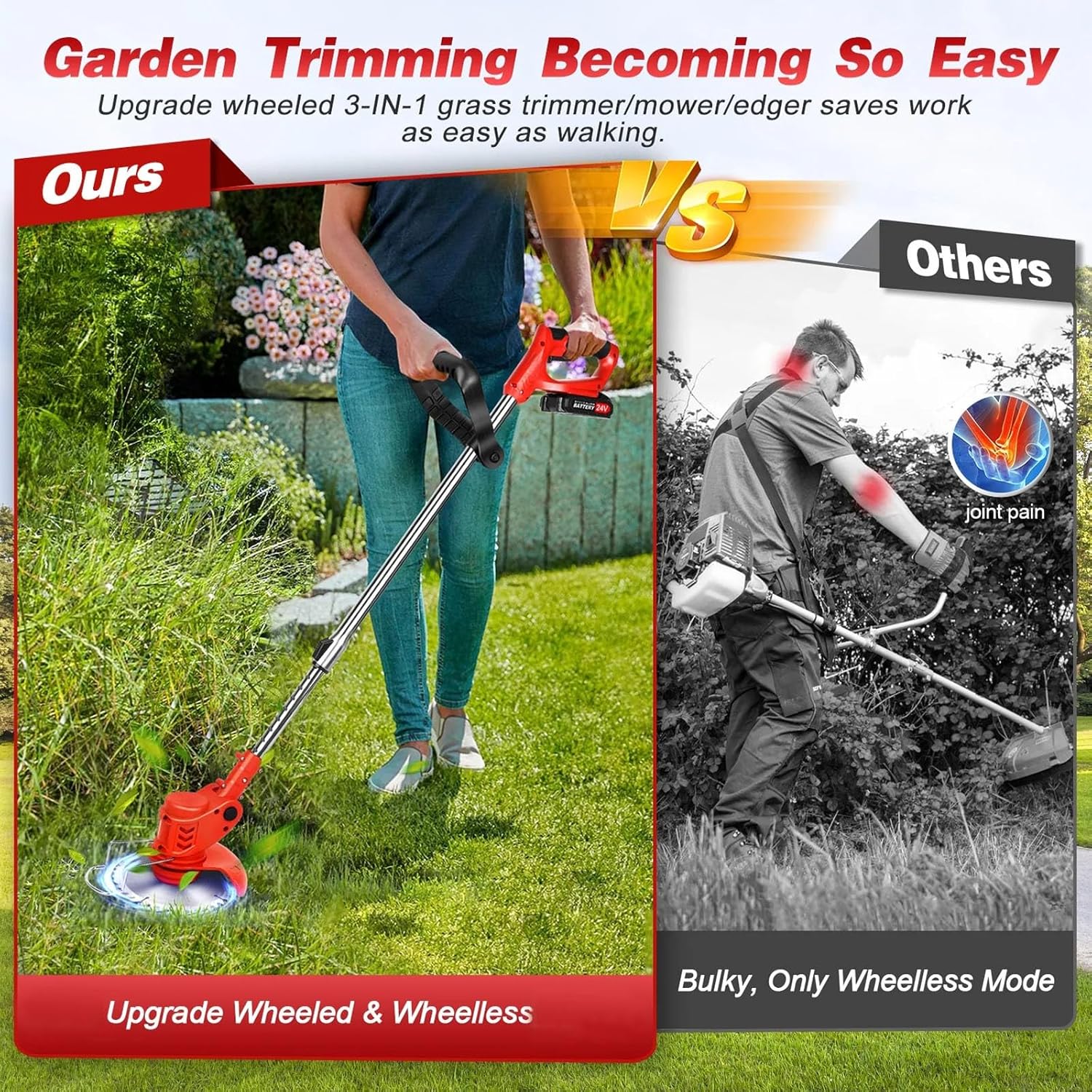 Weed Wacker/Edger with Battery - Cordless Weed Wacker Battery Operated Weed Trimmer Edger Lawn Mower Garden Yard Lawn Tool(388VF,Battery*2)