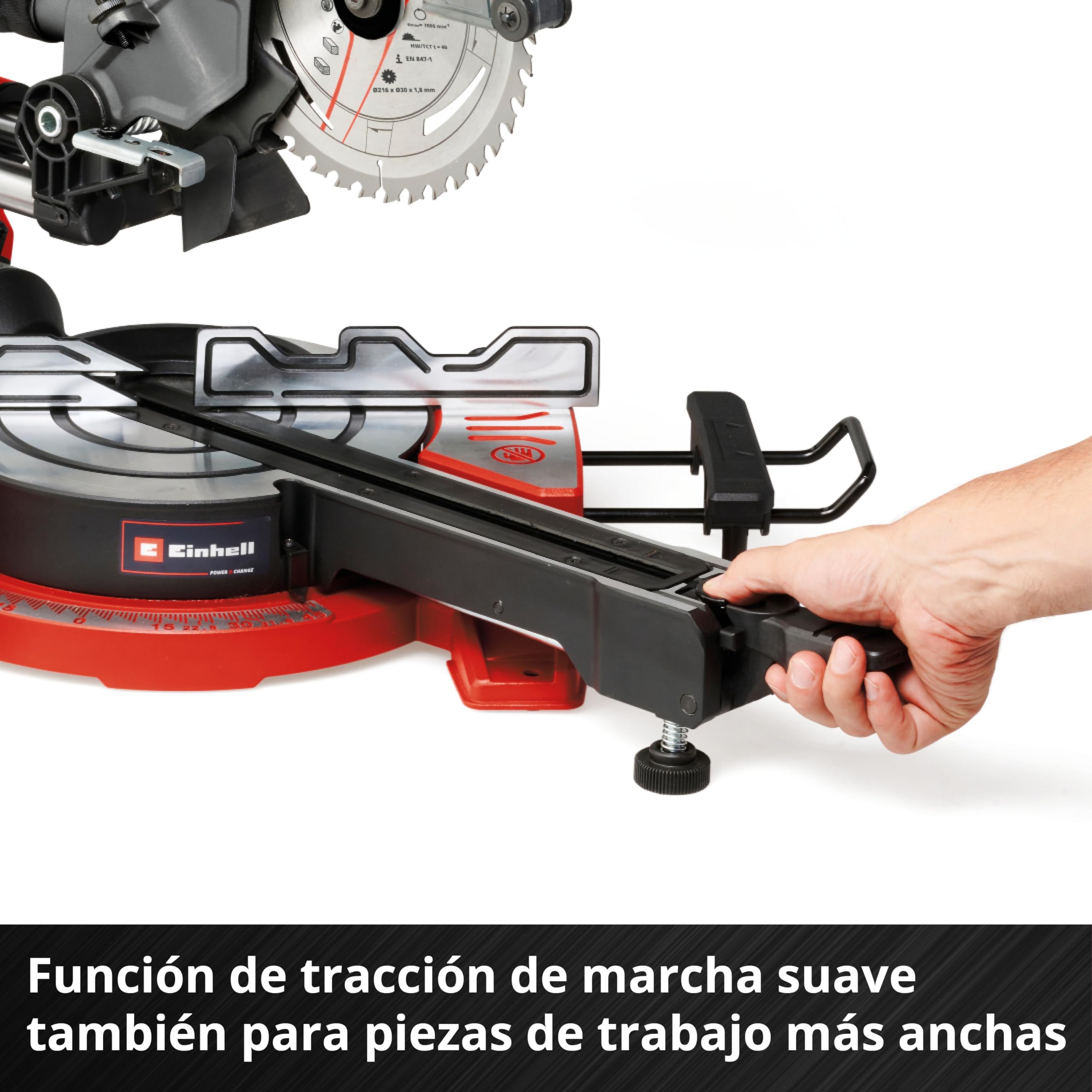Sierra de tracción, vaivén e inglete con batería TE-SM 36/8 L Li-Solo Power X-Change de Einhell (36V, hoja de sierra Ø 216, mesa giratoria, función de tracción, láser de línea de corte, sin batería)