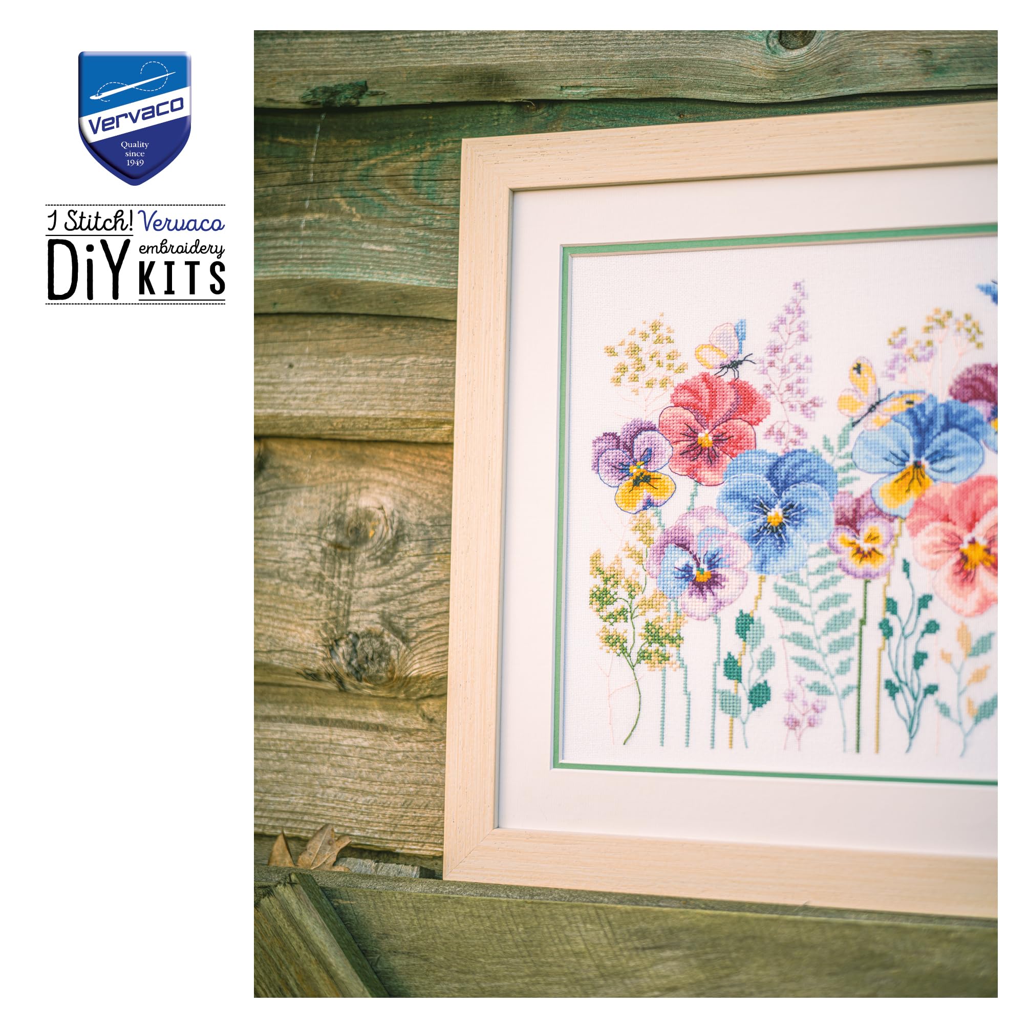 Vervaco Kit Punto Croce Contato VIOLE DEL PENSIERO ED ERBE Decorativi Per Pareti ca. 29 x 28 cm Set Fai Da Te Creativo Adulti Casa Decor Arte Da Parete Kit Per Hobby Cross Stitch