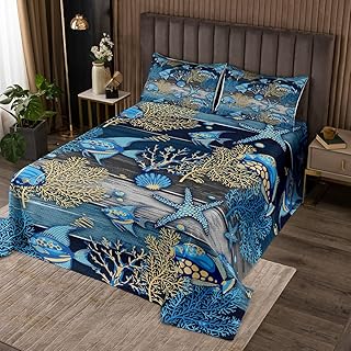 Coral Starfish Fish Bedspread Queen Size Bedding for Teens Living Room Ocean Nautical Theme Decor Coverlet Set Rustic Retro Blue Wooden Board Quilt Set for All Season,3 Pcs with 2 Pillowcases