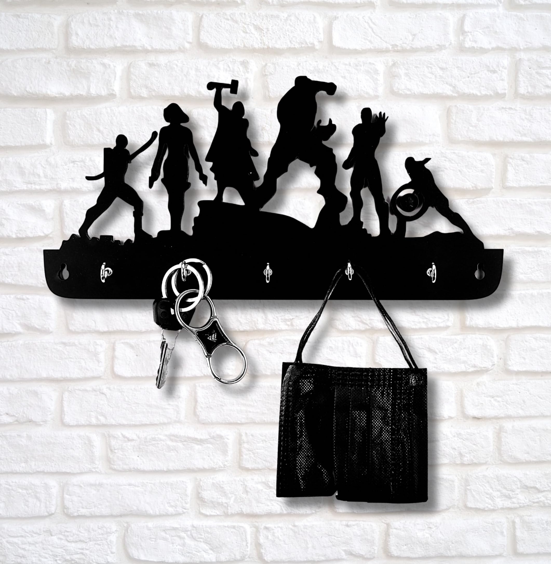 TWIGGY Wooden Wall Key Holder | Pre-Laminated Pine Wood Avengers Design | Decorative Wall Organizer with Hooks for Keys, Bags & Accessories for Home, Office etc. (The Avengers)
