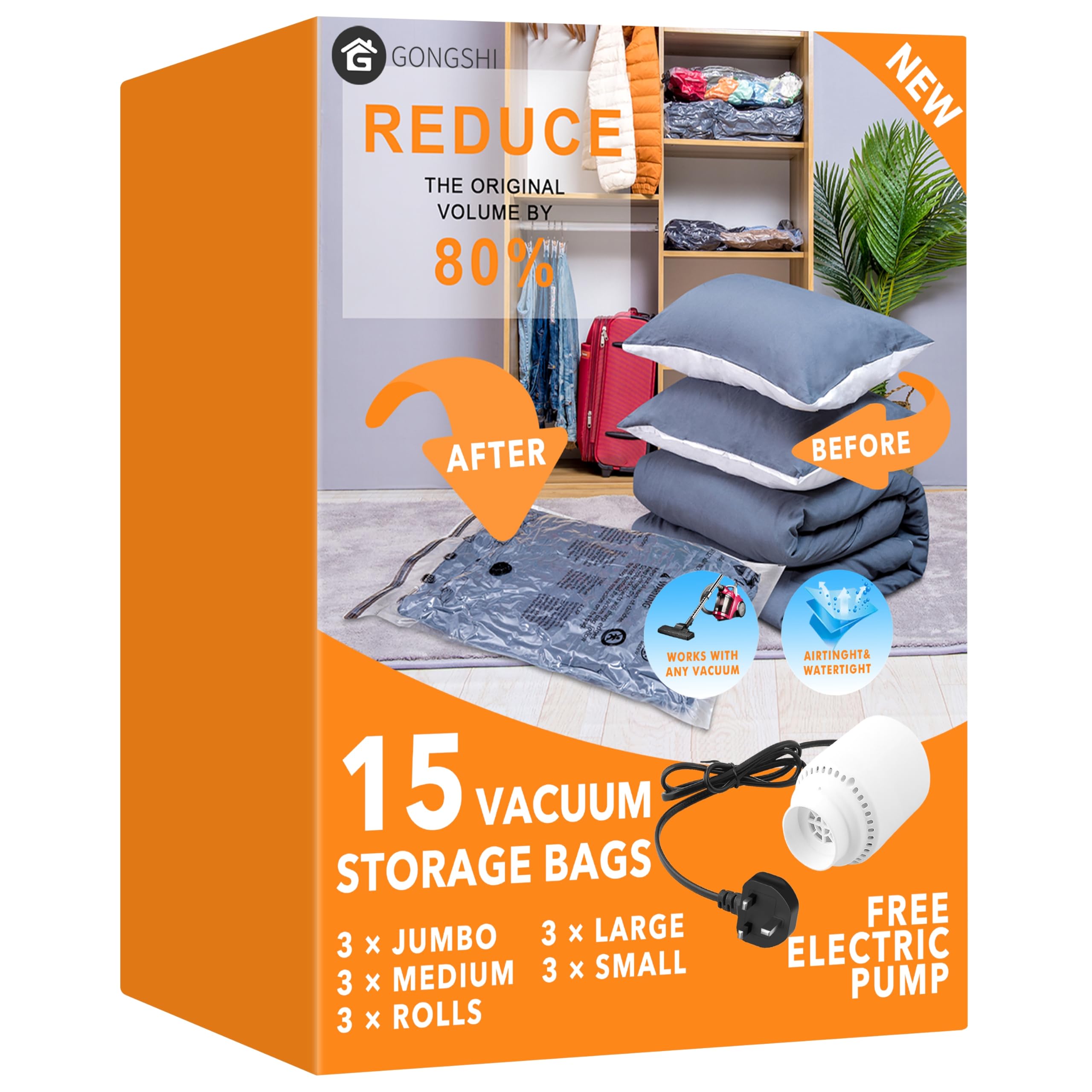 15 Pack Vacuum Storage Bags with Electric Pump (3 Jumbo, 3 Large, 3 Medium, 3 Small, 3 Roll Up), Space Saver Sealer Compression Bags for Blankets, Comforters, Pillows, Clothes Storage