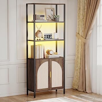 Turosur Rattan Bookshelf with Storage, Boho Bookcase with Wicker Doors, 71" Tall Book Shelf with LED Lights for Living Room, Brown