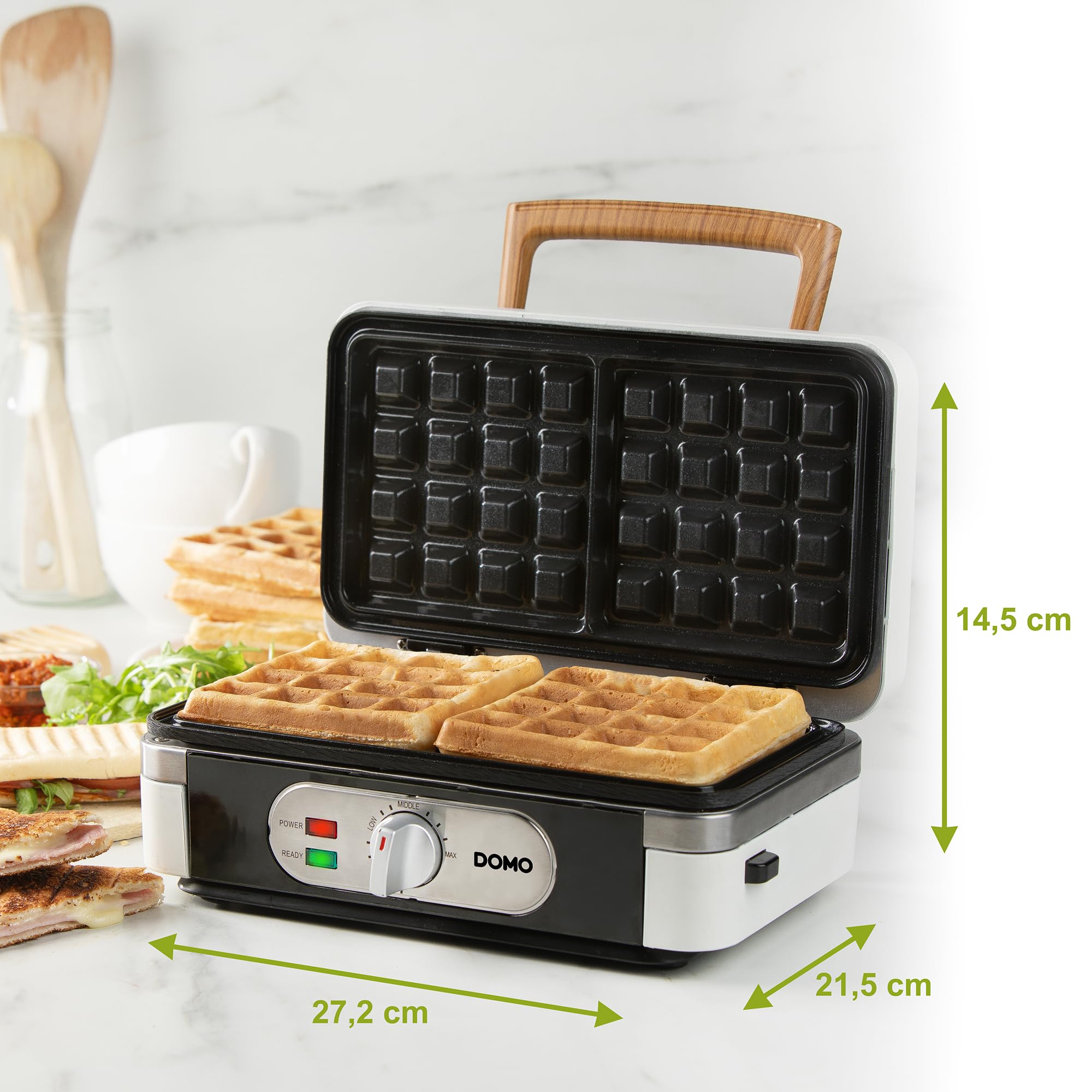 DOMO DO9277C Snackmaker 3 en 1 - Design de luxe en bois - PFAS FREE - Croque-Monsieur, Gaufrier et Gril - Pieds Anti dérapants - Plaques de cuisson interchangeables - 1100W - Blanc Poudré
