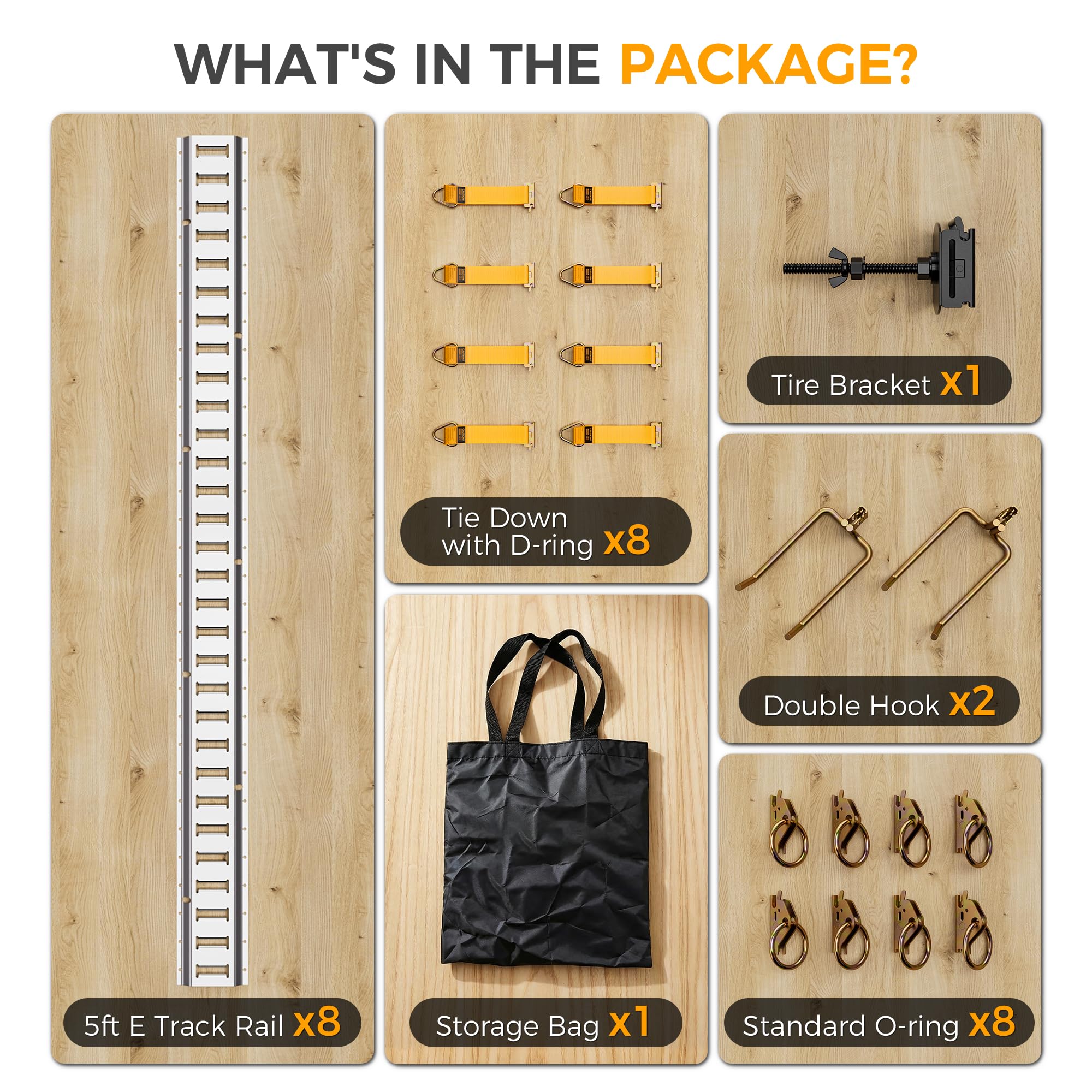 Kit Rail d'Arrimage E-Track 27 Pièces, Capacité 998 kg | 8 Rails E-track, 8 Attaches avec Anneau D, 8 Anneaux en O, 2 Crochets Doubles + 1 Crochet pour Pneu