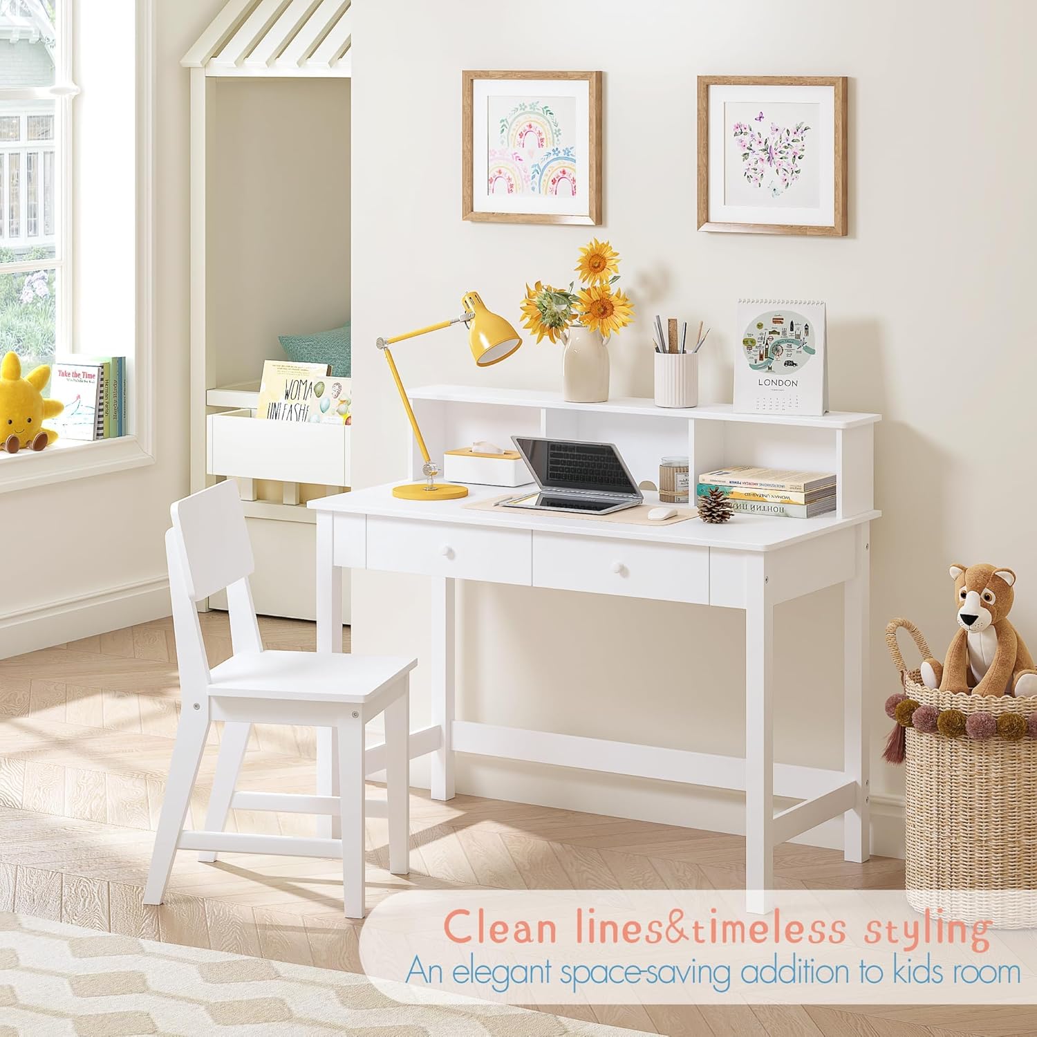 Spirich Kids Desk and Chair Set, Kids Study Desk with Hutch for 5-12 Years Old, Children Wooden Study Table, Student Writing Table Computer Workstation