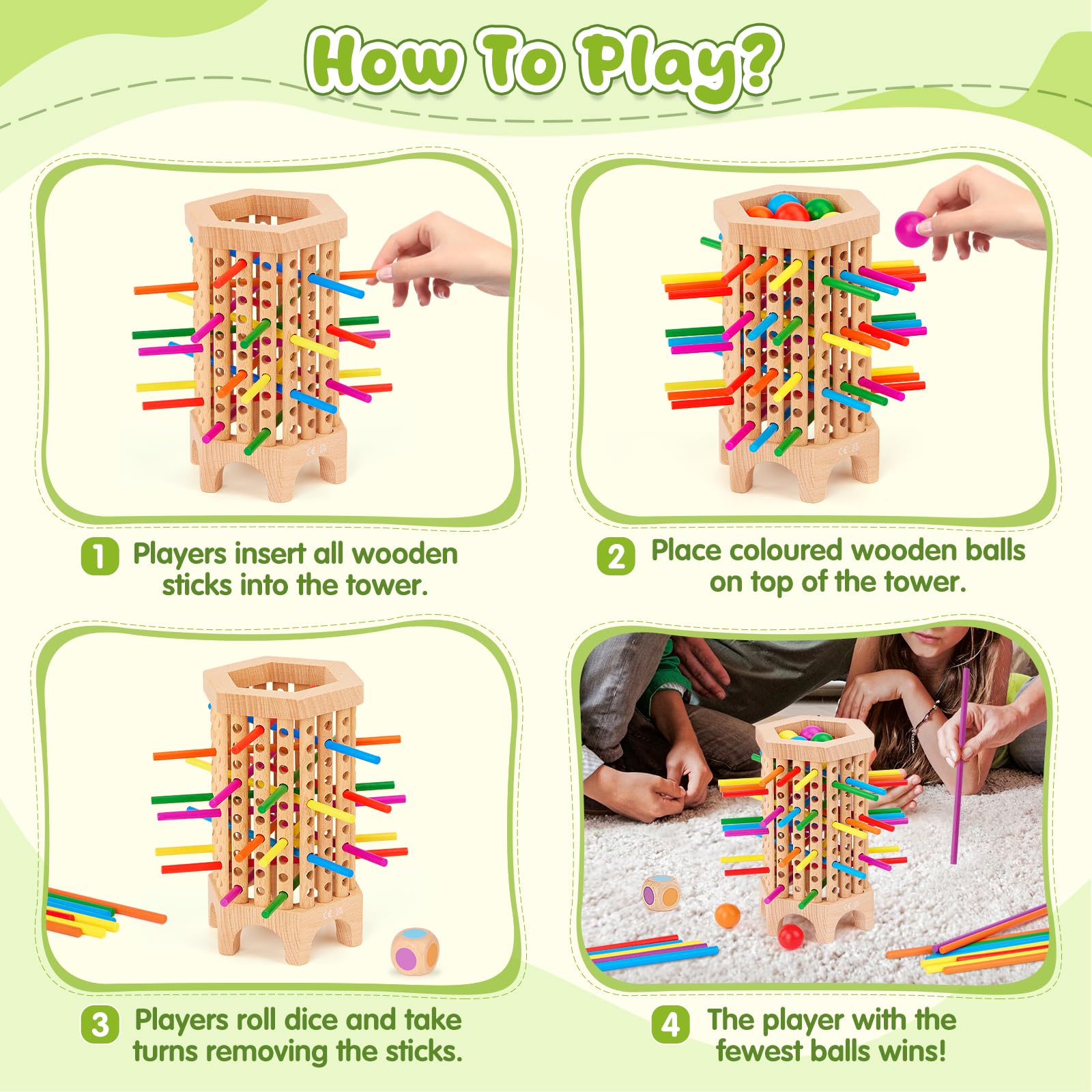 Gioco Montessori Bastoncini Colorati E Dadi | Torre In Legno Di Faggio Per Bambini 3-5 Anni, Gioco Educativo Da Tavolo 36 Pezzi